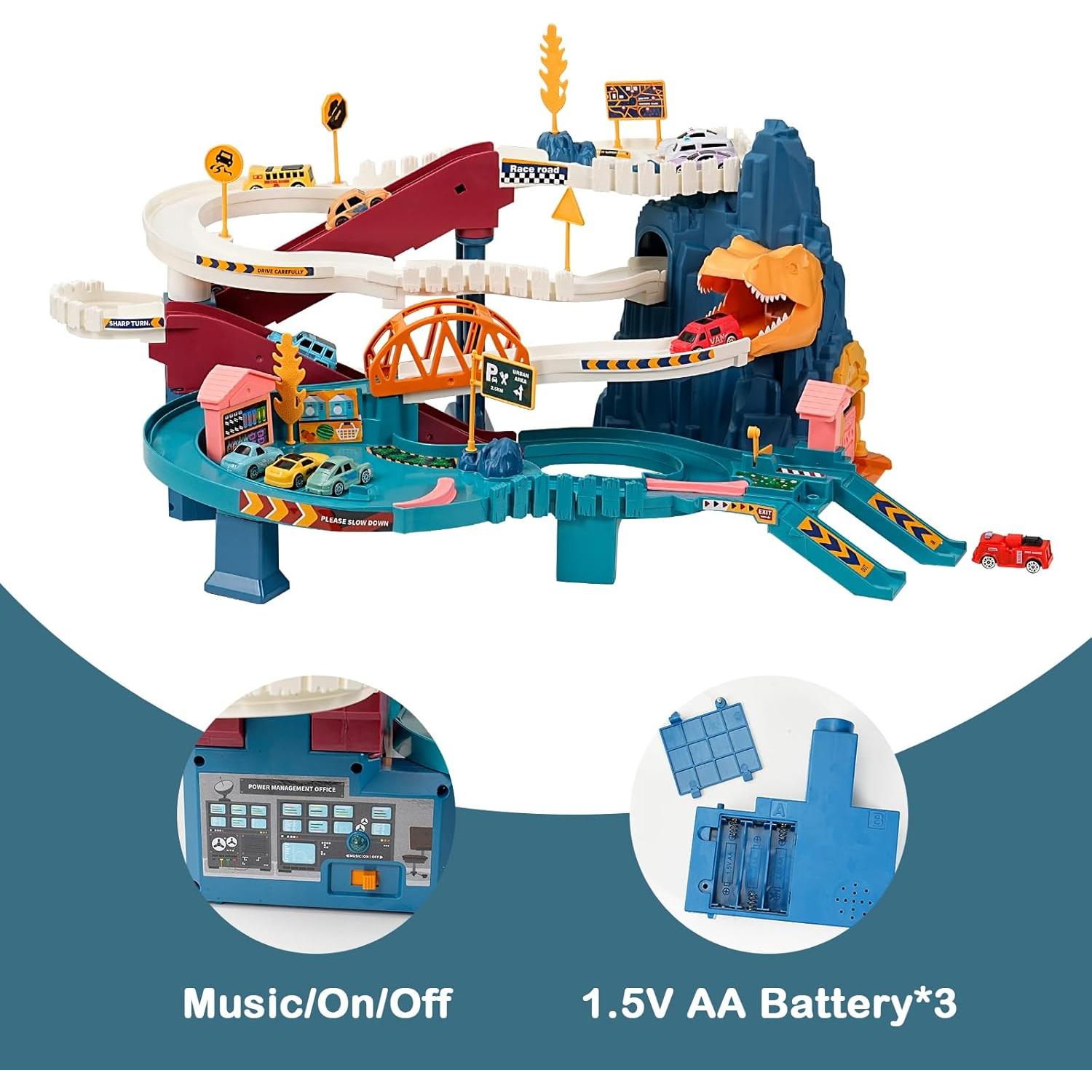 Pista de coches de juguete MAKUQI con 12 mini coches y dinosaurio