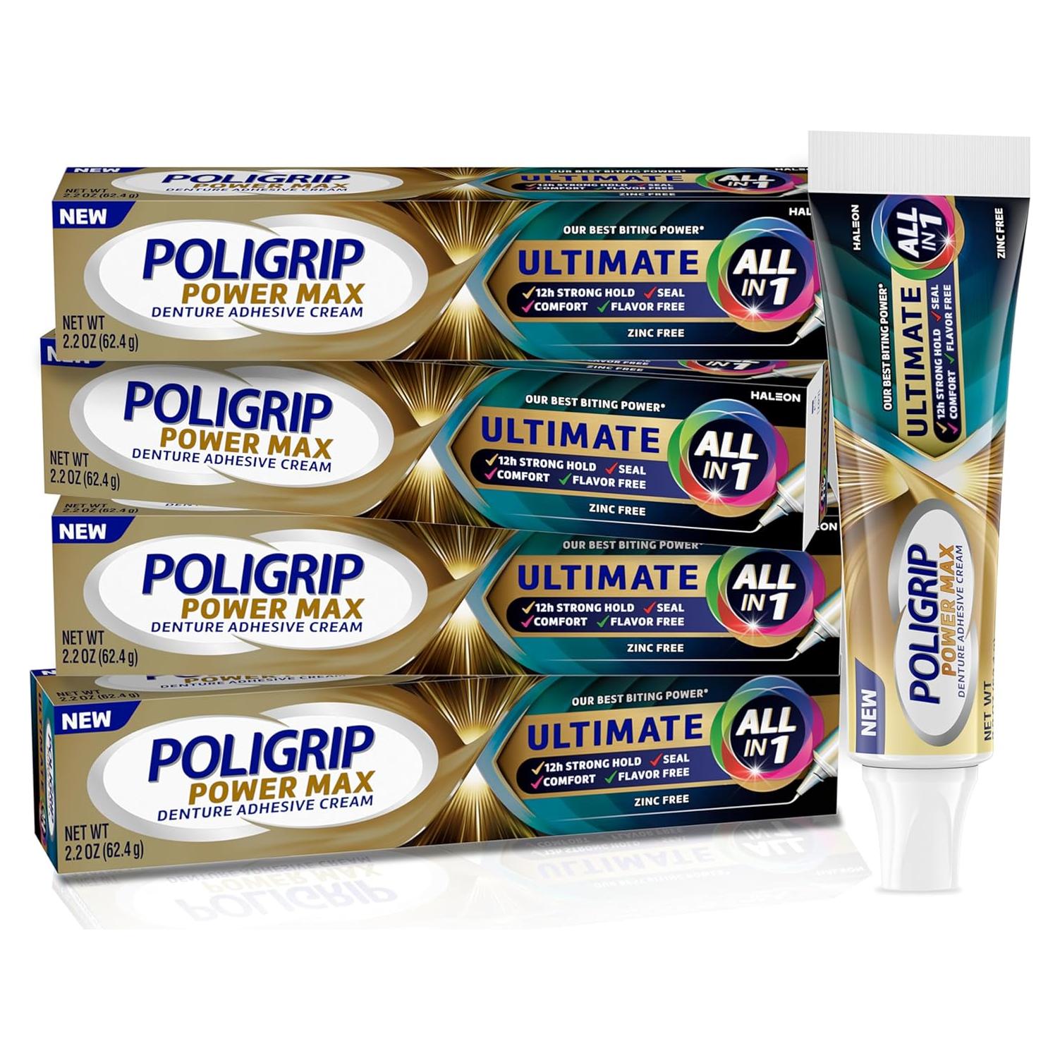 Poligrip Power Max Ultimate Crema Adhesiva para Dentaduras 4x62g