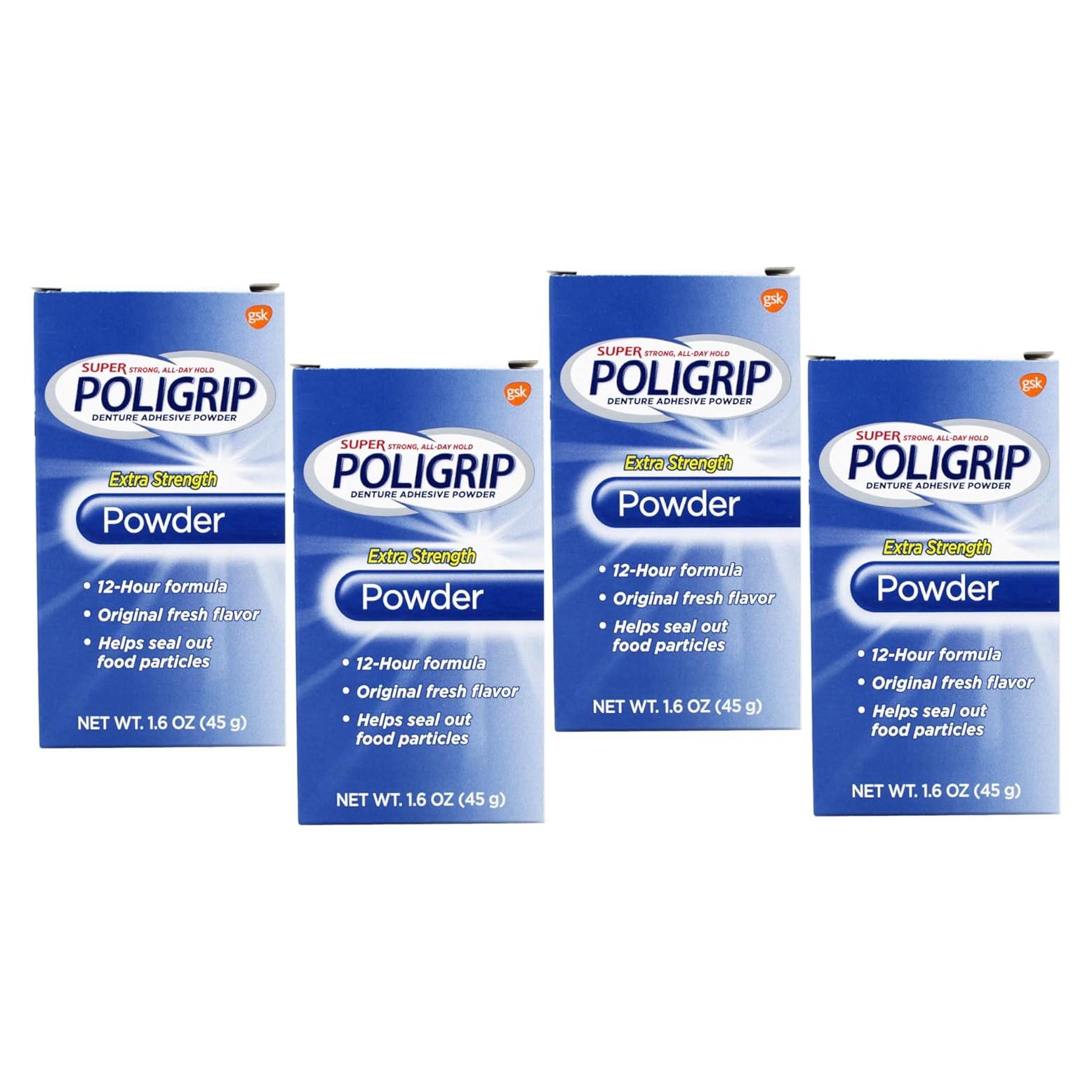 Polvo Adhesivo para Dentaduras Super Poligrip 45 g - Paquete de 4
