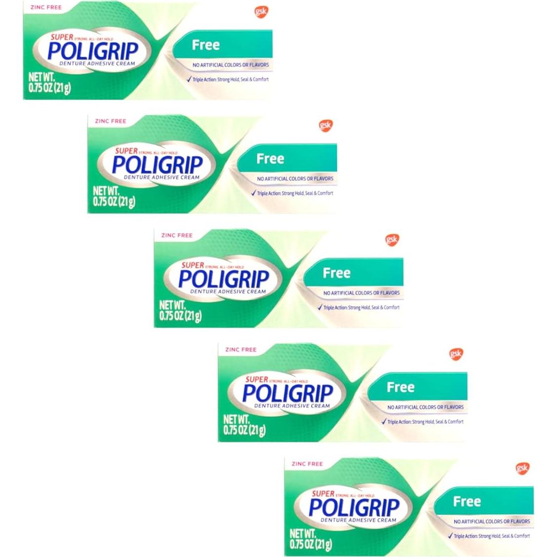 Crema Adhesiva para Dentaduras Poligrip - Paquete de 5 - Fuerte, Libre de Zinc