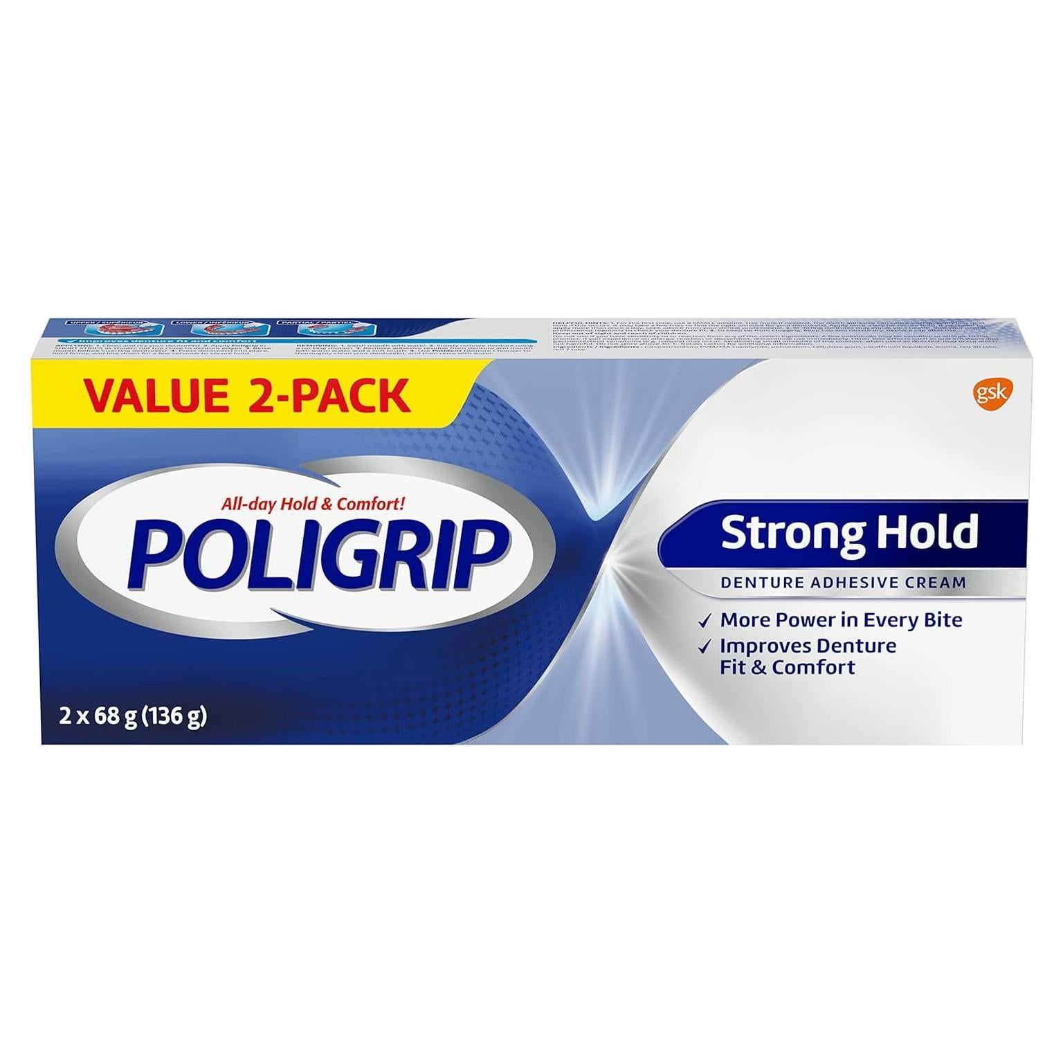 Crema Adhesiva para Prótesis Poligrip Fuerte Sujeción 2x68g