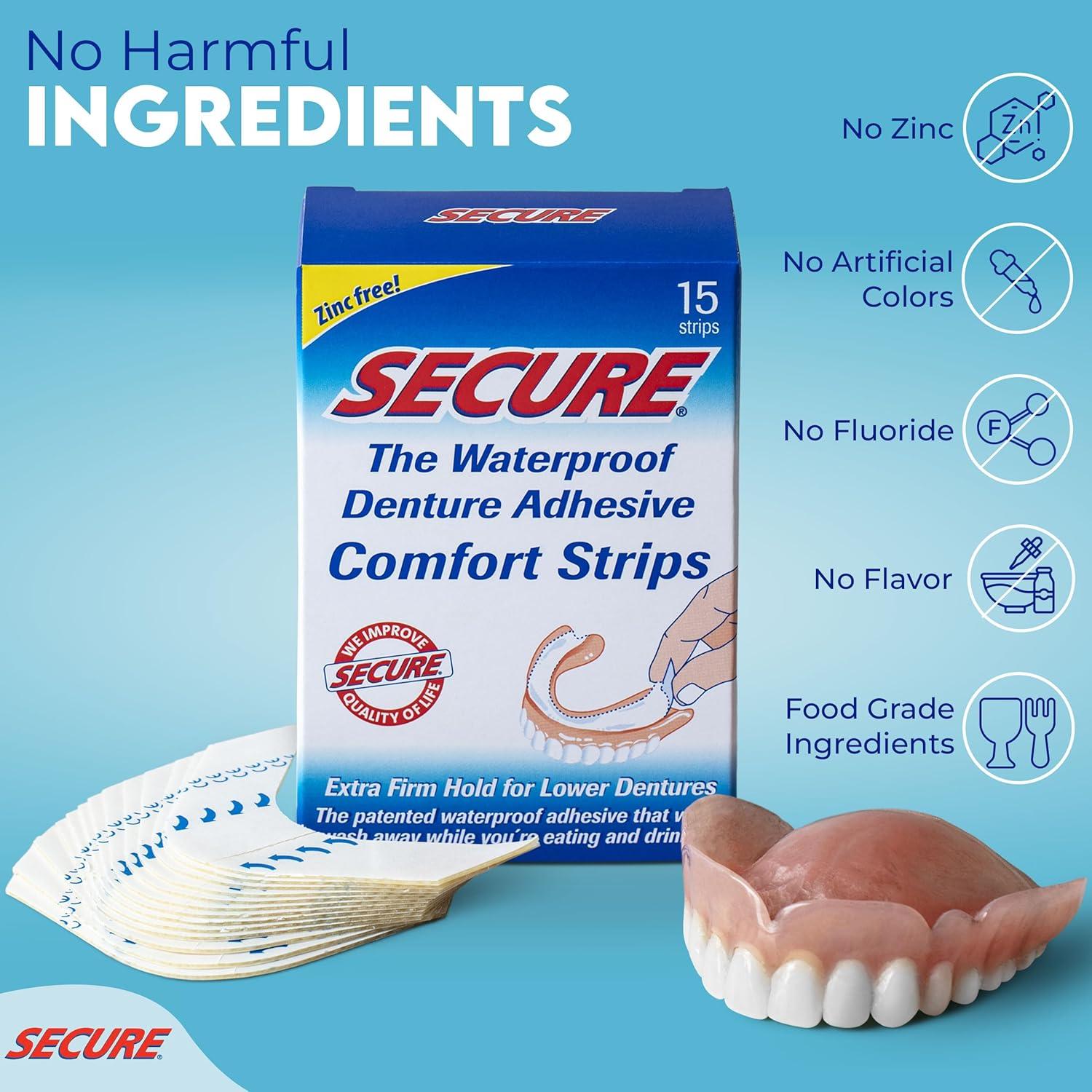 Tiras Adhesivas para Dentaduras Secure - 15 Piezas Impermeables