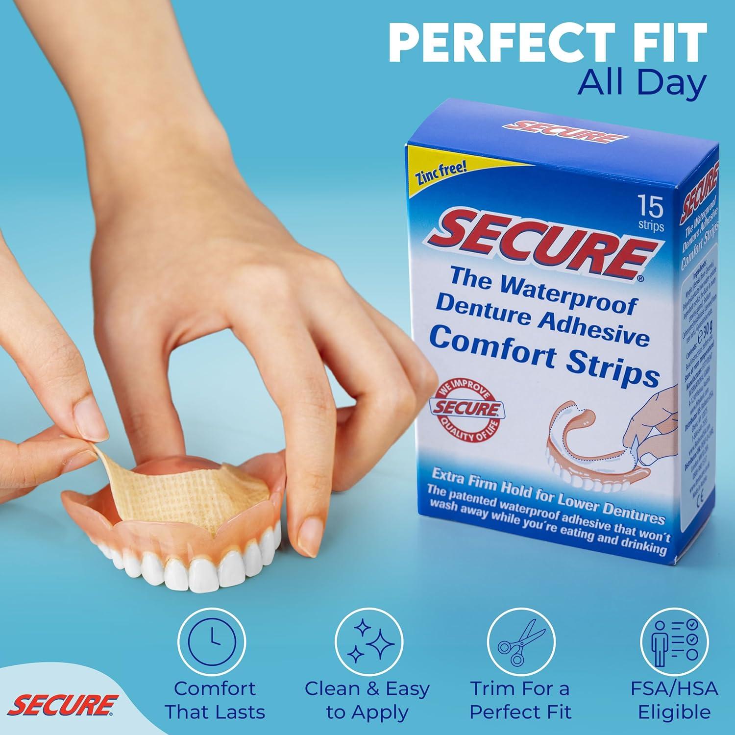 Tiras Adhesivas para Dentaduras Secure - 15 Piezas Impermeables