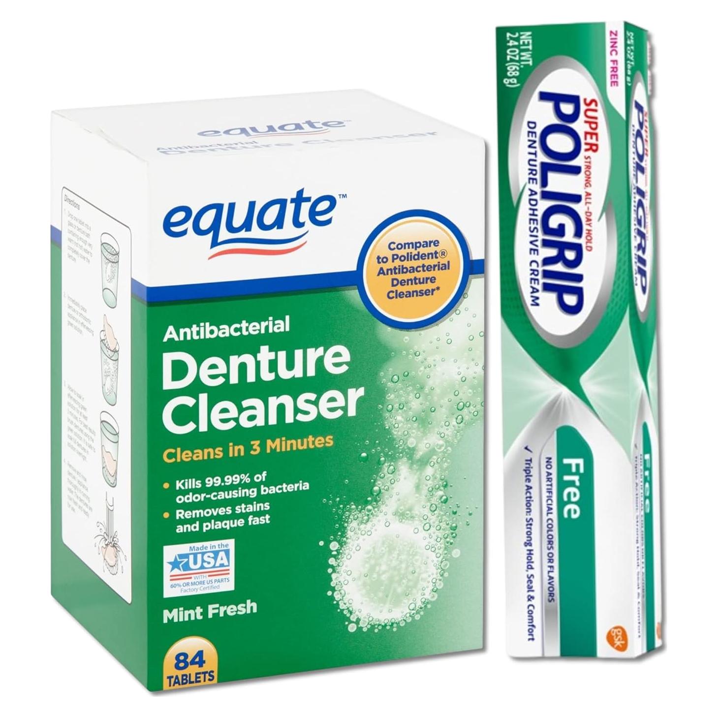 Crema Adhesiva para Dentaduras Super Poligrip Sin Zinc 68g + Tabletas Limpiadoras Equate 84 unidades