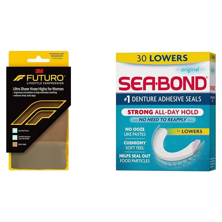 Medias hasta la Rodilla FUTURO Ultra Sheer Mujeres Grande 15-20 mmHg + Sellos Dentaduras Sea Bond 30 Unidades