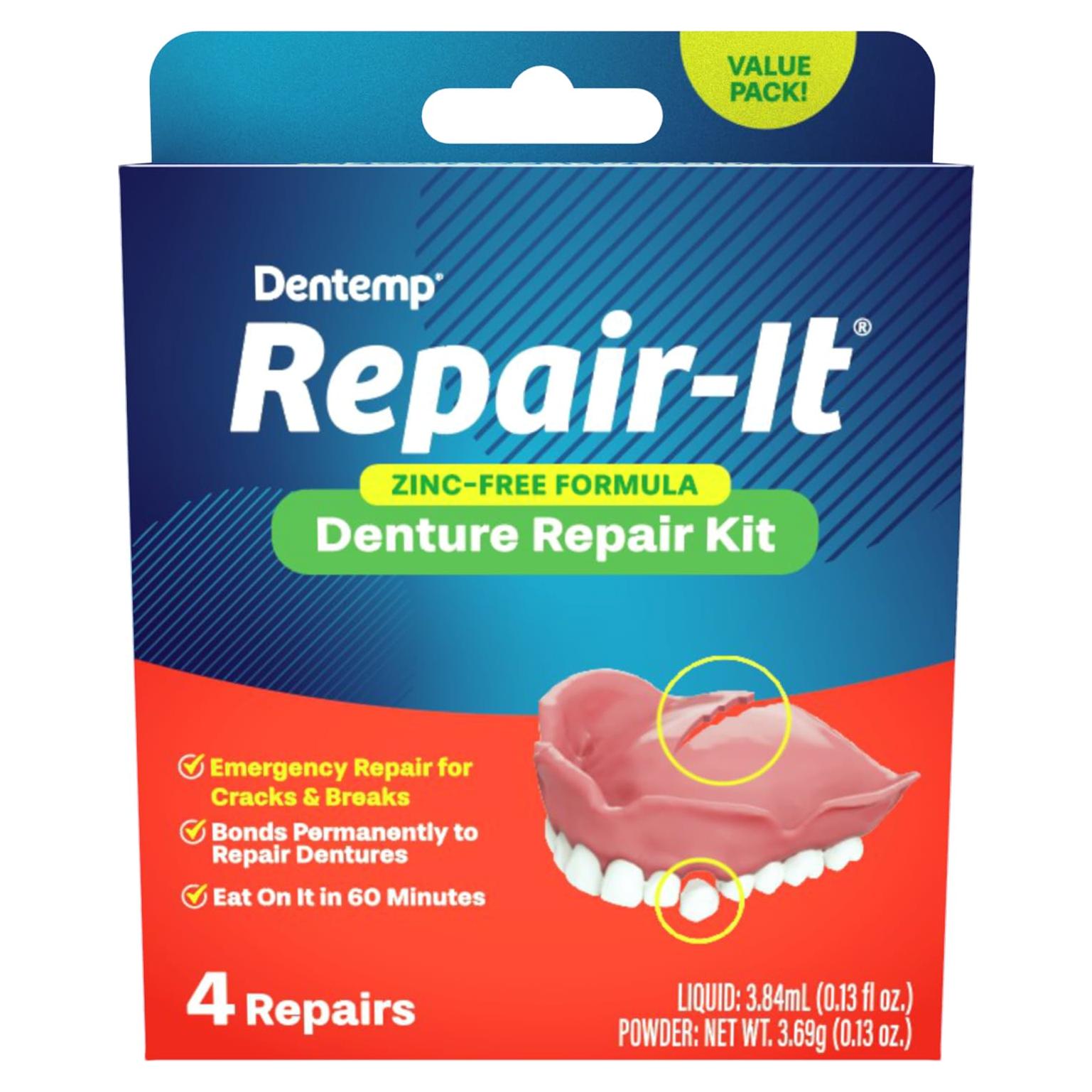 Kit de Reparación de Dentaduras Dentemp Repair-It 4 Contenido