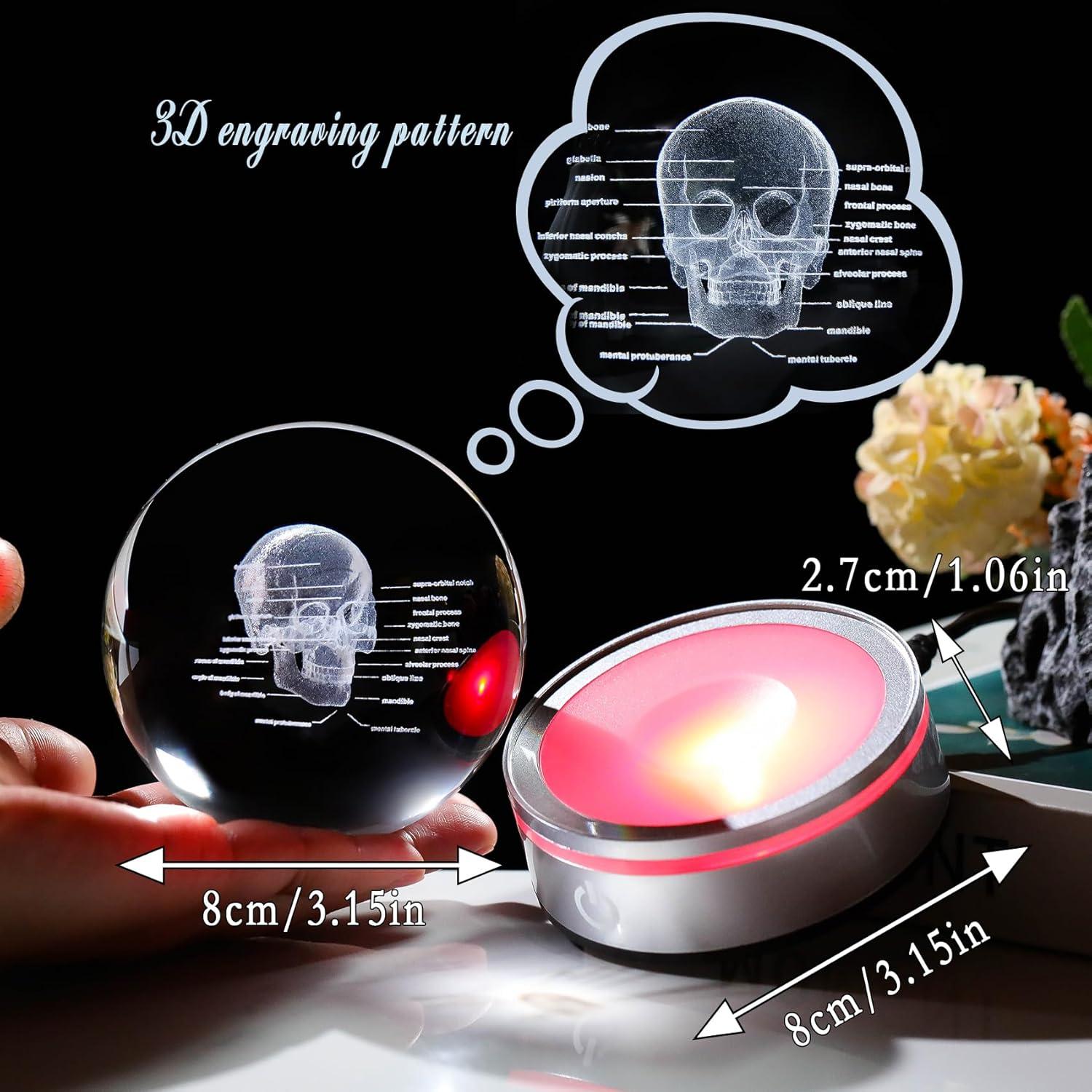 Bola de Cristal 3D Cráneo Humano 8 cm con Base LED Arikyrist