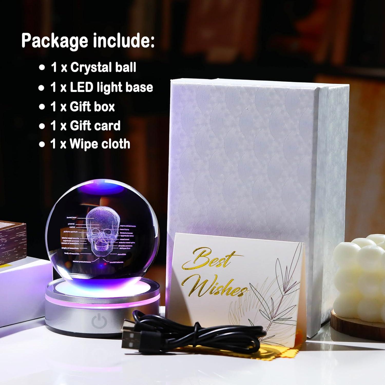 Bola de Cristal 3D Cráneo Humano 8 cm con Base LED Arikyrist