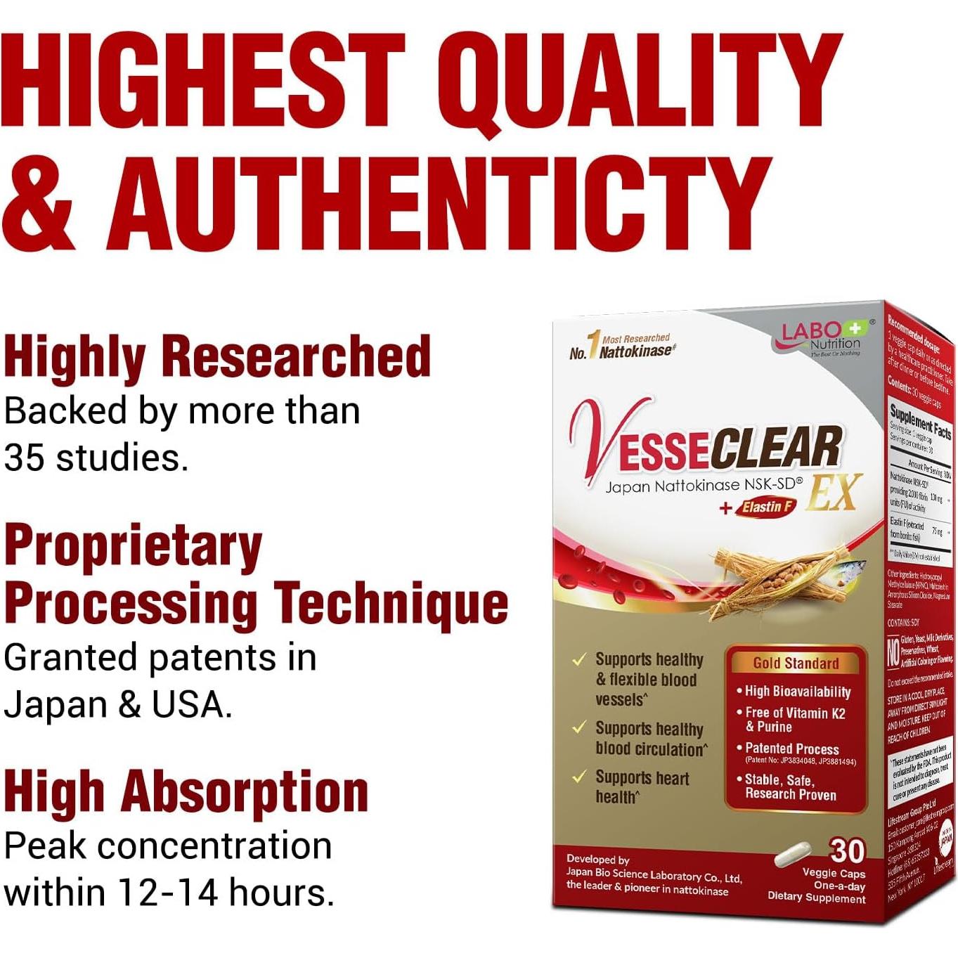 LABO Nutrition VesseCLEAR EX 30 Cápsulas Nattokinase y Elastin F