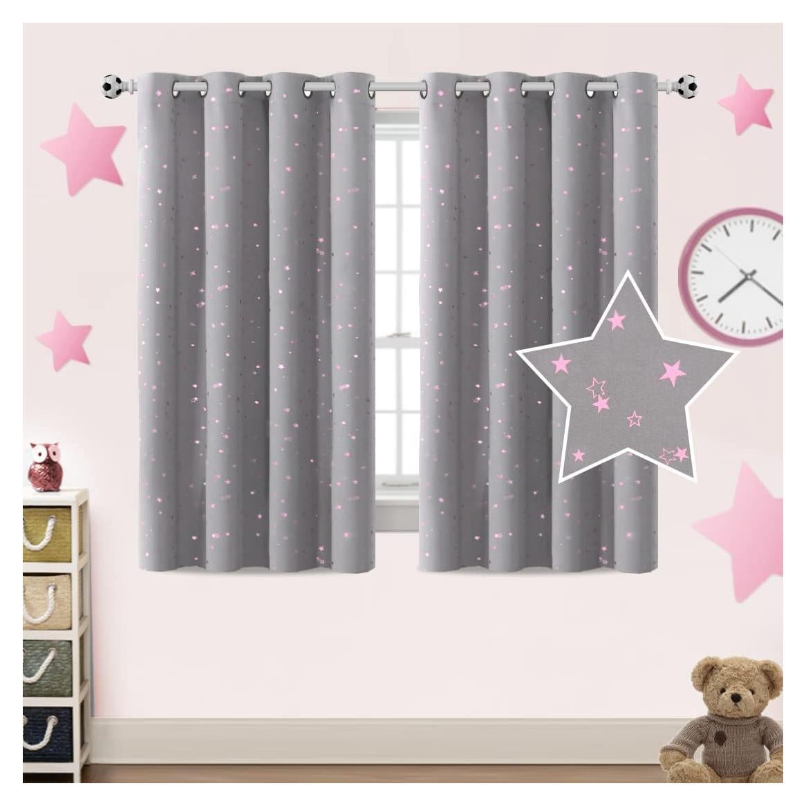 PrinceDeco Blackout Kids Curtains for Bedroom Thermal Insulated Pink Twinkle Star Curtains for Boys Girls Antique Grommet Top Window Treatment 2 Panels Drape for Nursery (52" W x 54" L, Grey/Pink)