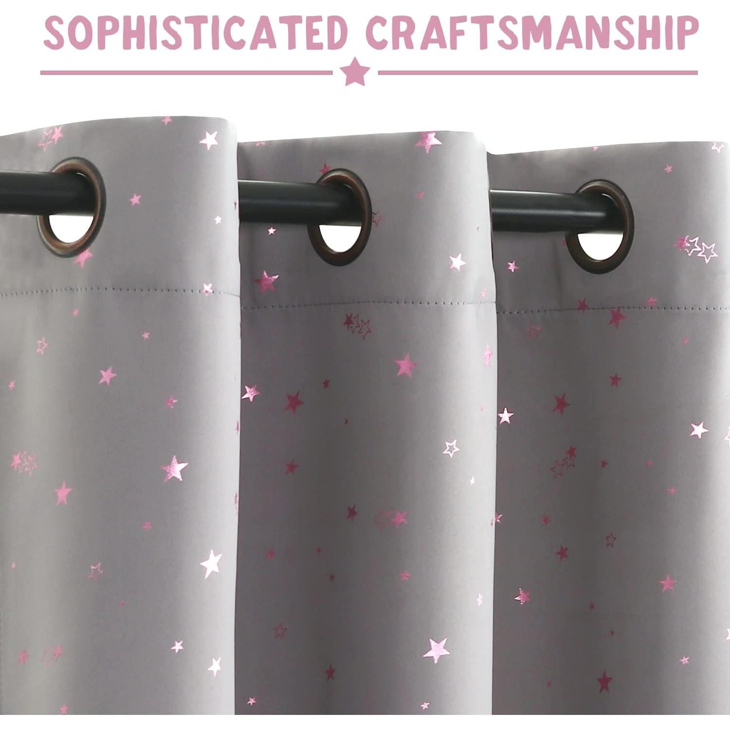 PrinceDeco Blackout Kids Curtains for Bedroom Thermal Insulated Pink Twinkle Star Curtains for Boys Girls Antique Grommet Top Window Treatment 2 Panels Drape for Nursery (52" W x 54" L, Grey/Pink)