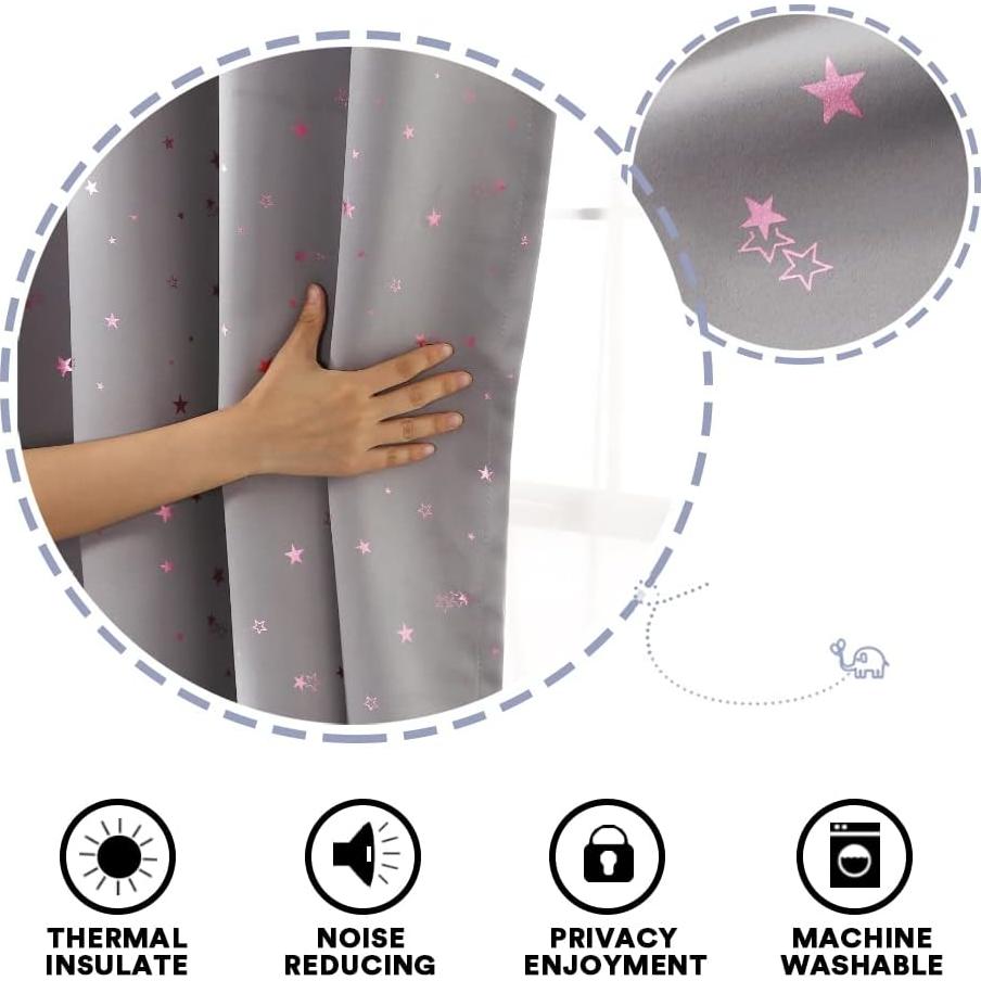 PrinceDeco Blackout Kids Curtains for Bedroom Thermal Insulated Pink Twinkle Star Curtains for Boys Girls Antique Grommet Top Window Treatment 2 Panels Drape for Nursery (52" W x 54" L, Grey/Pink)