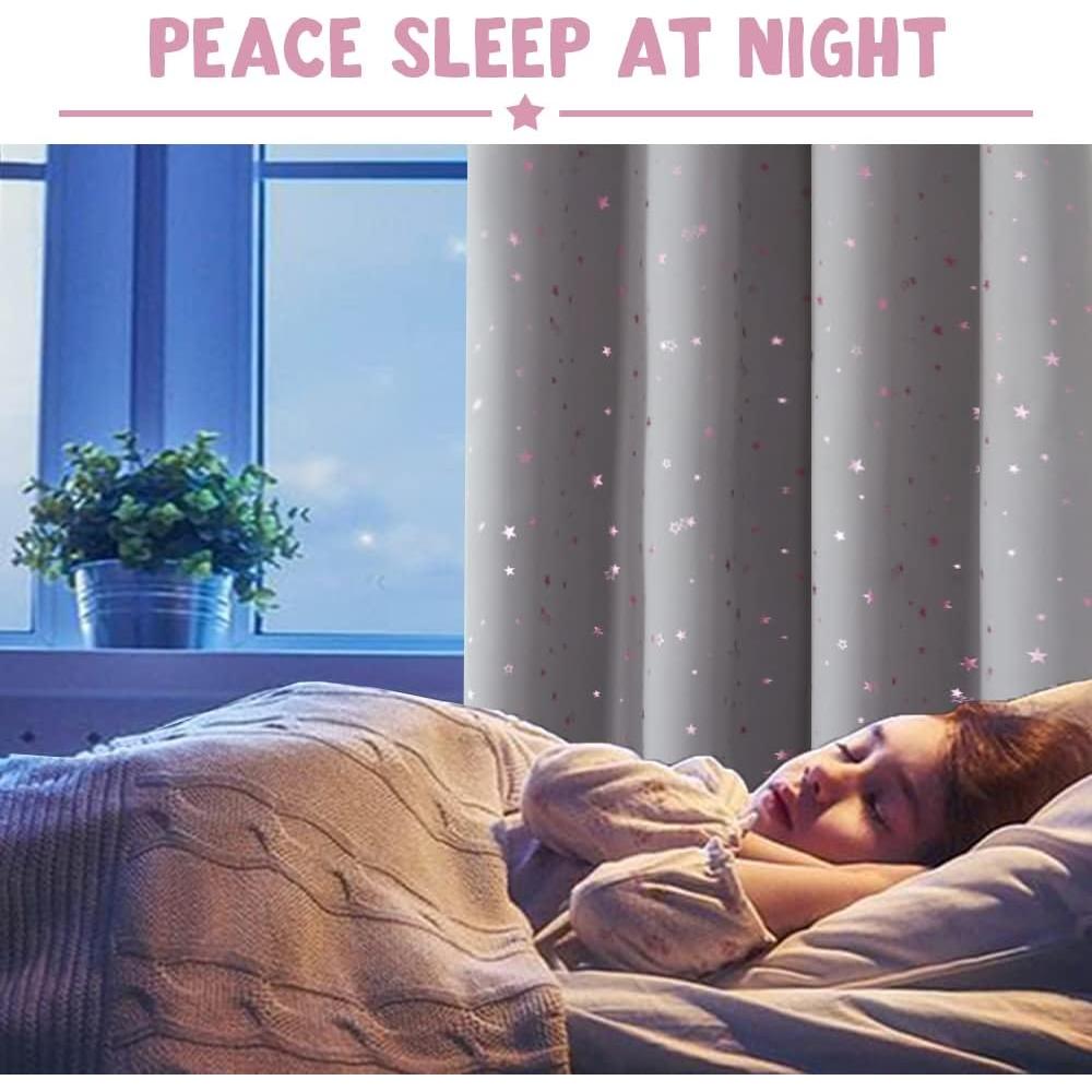 PrinceDeco Blackout Kids Curtains for Bedroom Thermal Insulated Pink Twinkle Star Curtains for Boys Girls Antique Grommet Top Window Treatment 2 Panels Drape for Nursery (52" W x 54" L, Grey/Pink)