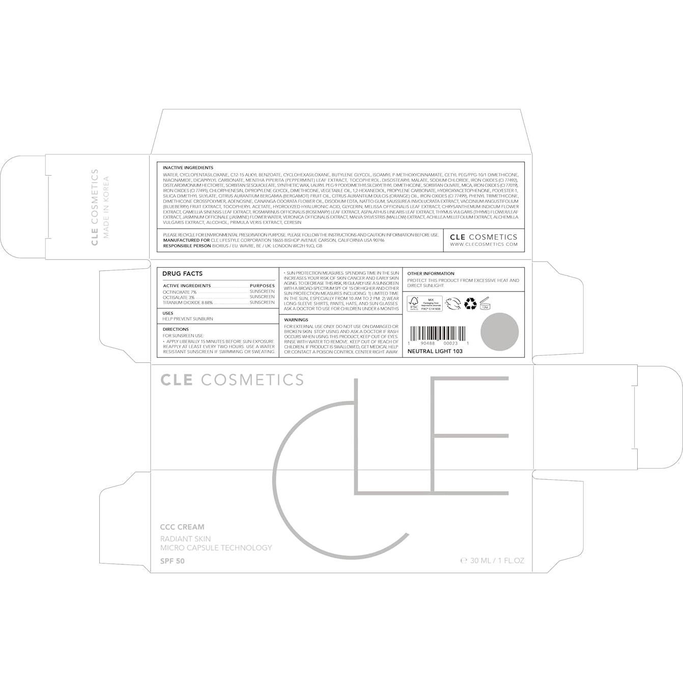Crema CC Hidratante CLE Cosmetics Ligero Neutro 103 SPF 50 29.57 ml
