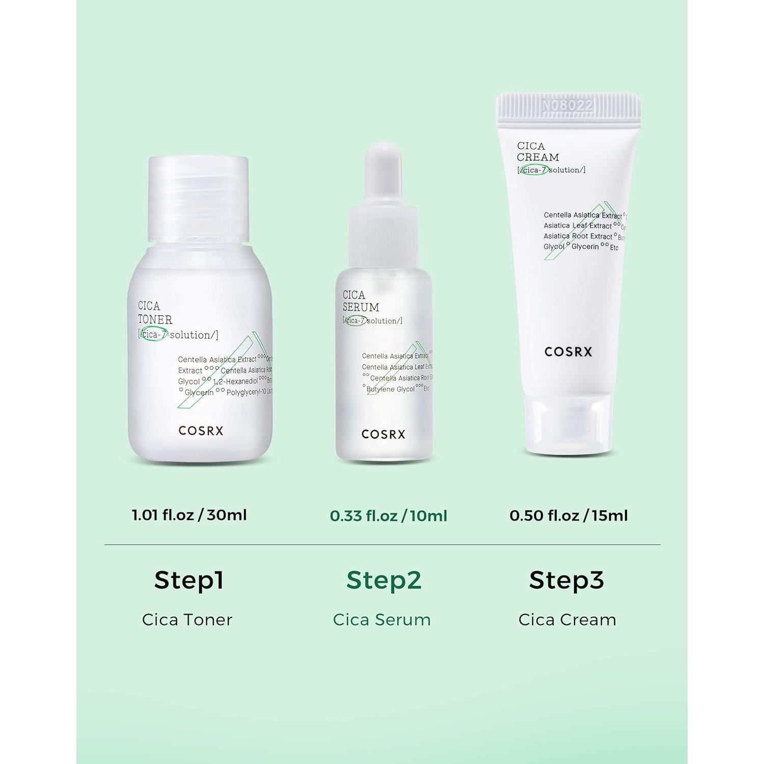 COSRX CICA Kit de Alivio - Tónico, Suero y Crema 3 Piezas