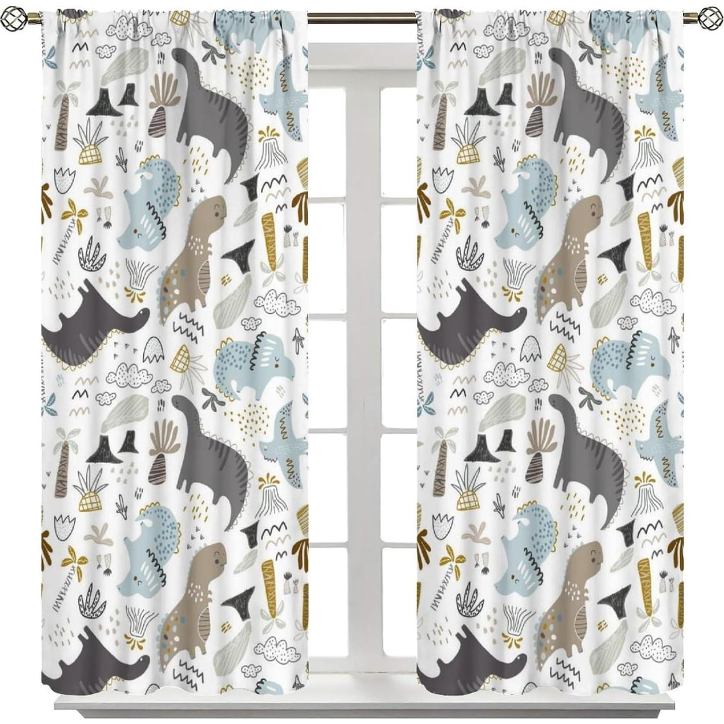 Cartoon Dinosaur Blackout Curtain,Animal Graffiti Dino Abstract Window Curtains Cloth Farbic for Kitchen Bedroom Cafe Dining Room Office Living Room Drapes,42x45 in