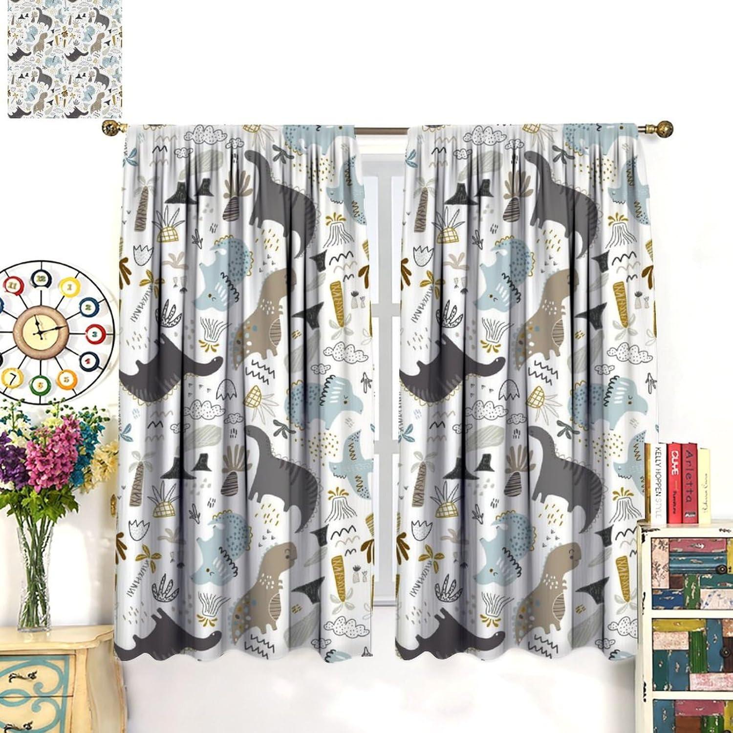 Cartoon Dinosaur Blackout Curtain,Animal Graffiti Dino Abstract Window Curtains Cloth Farbic for Kitchen Bedroom Cafe Dining Room Office Living Room Drapes,42x45 in