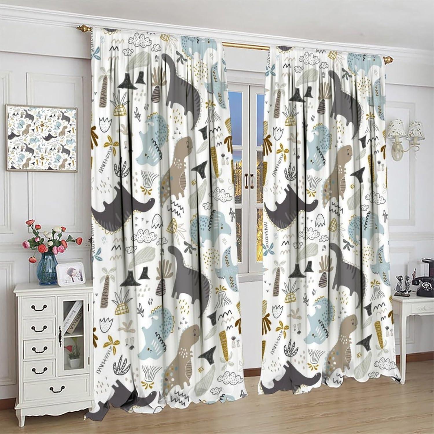 Cartoon Dinosaur Blackout Curtain,Animal Graffiti Dino Abstract Window Curtains Cloth Farbic for Kitchen Bedroom Cafe Dining Room Office Living Room Drapes,42x45 in