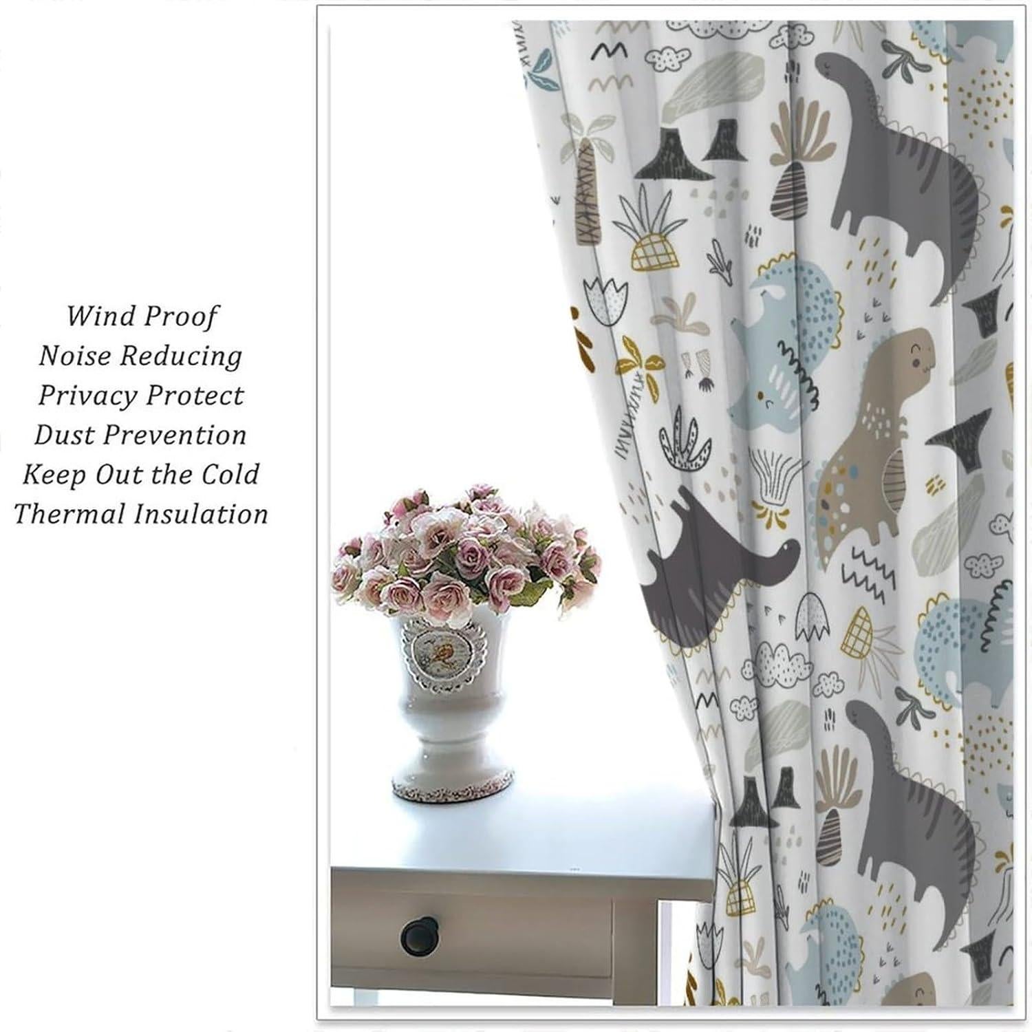 Cartoon Dinosaur Blackout Curtain,Animal Graffiti Dino Abstract Window Curtains Cloth Farbic for Kitchen Bedroom Cafe Dining Room Office Living Room Drapes,42x45 in