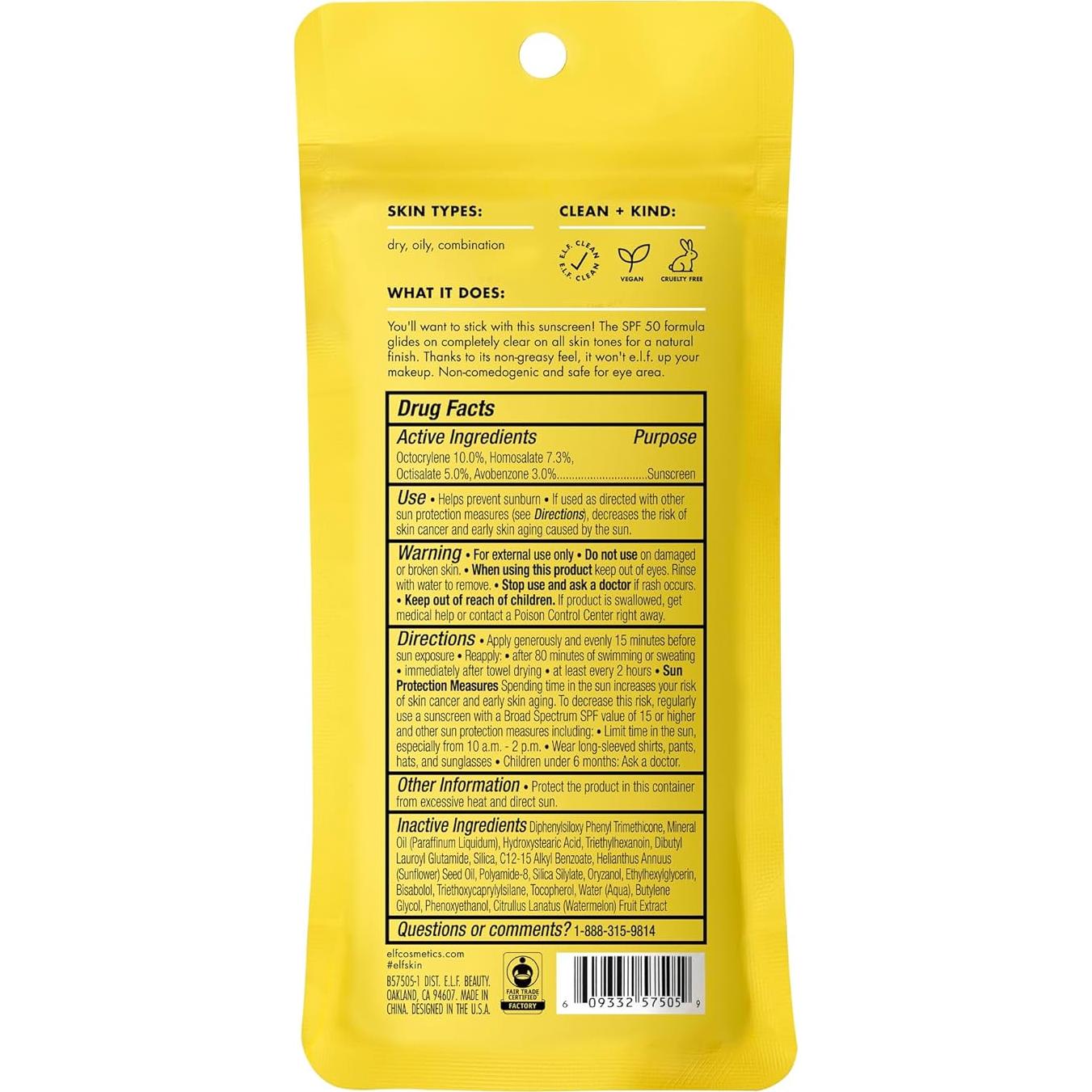 Protector Solar Stick e.l.f. SKIN SPF 50 Vegano Hidratante