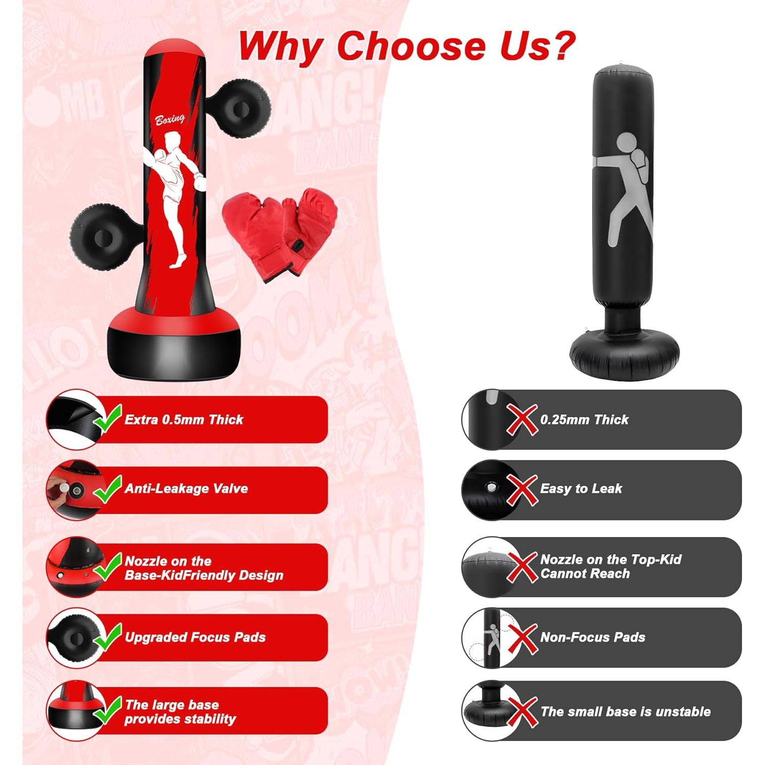 Saco de Boxeo Inflable Vobab 175 cm con Guantes y Almohadillas