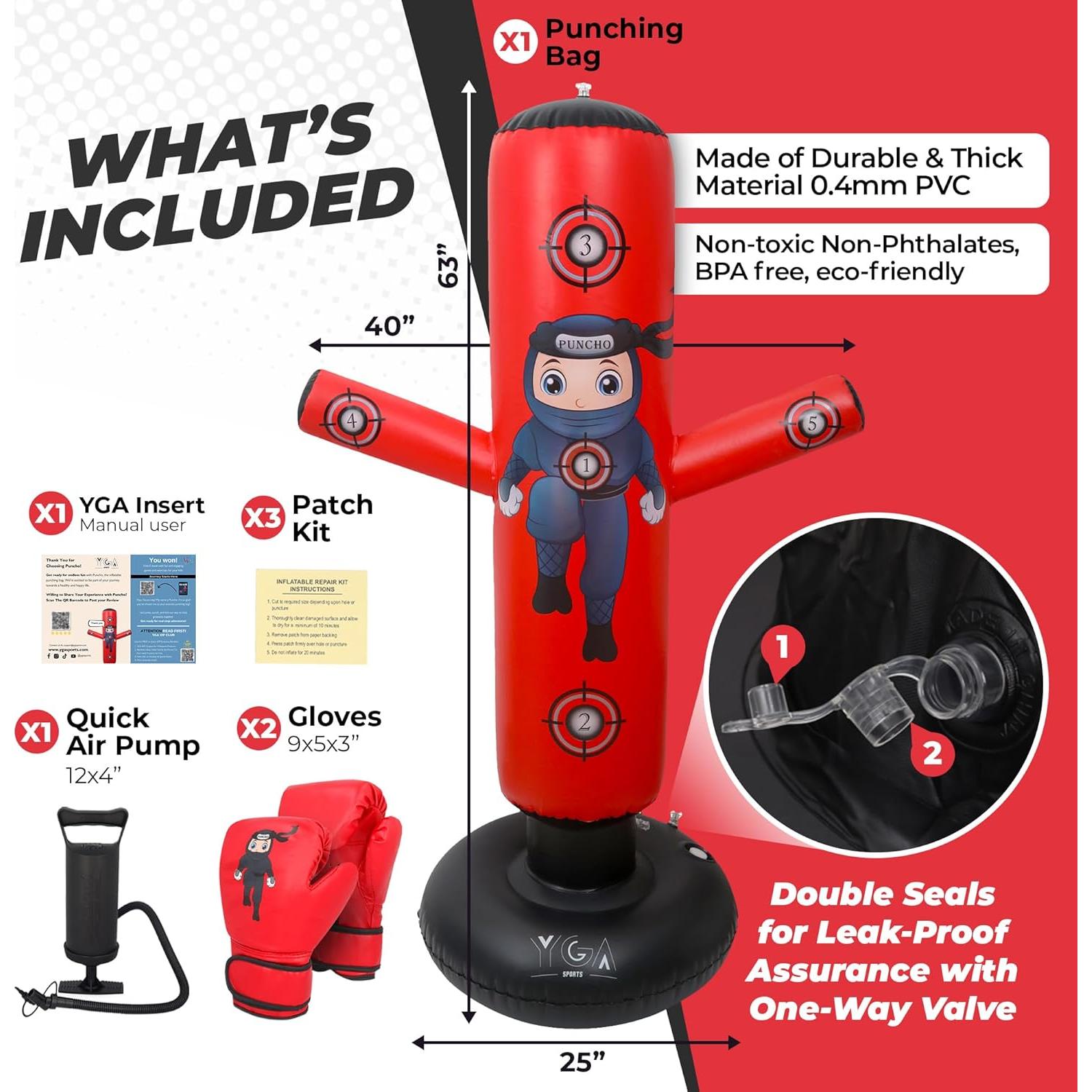 Saco de Boxeo Inflable para Niños YGA Sports 160 cm Rojo