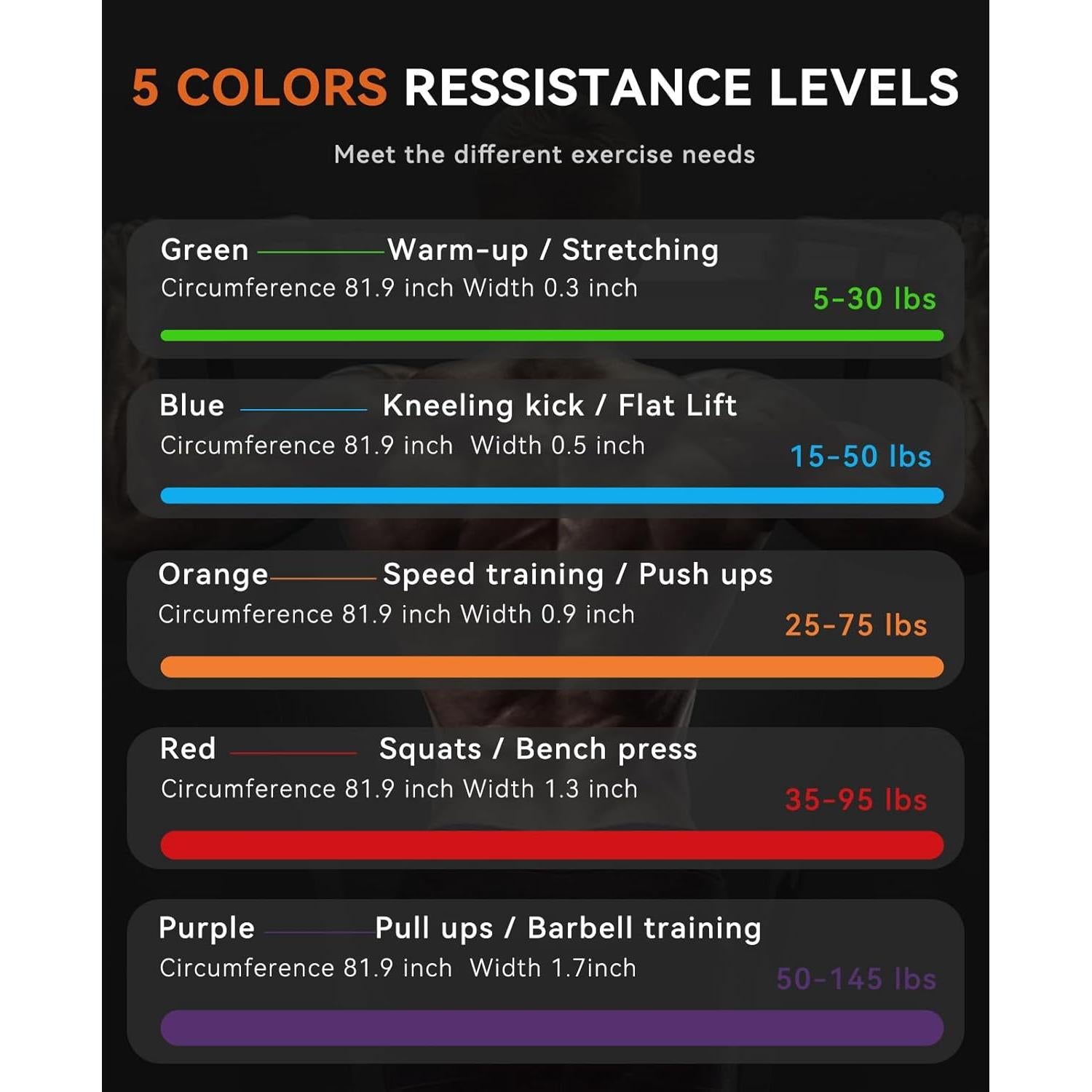 Bandas de Asistencia SUNPOW - Juego 5 Bandas Resistencia 5-65.8 kg