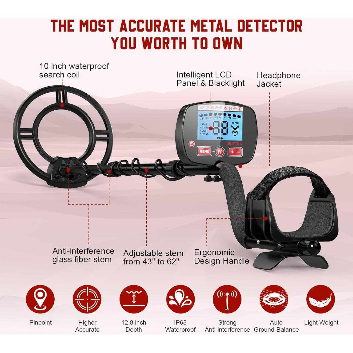 Detector de Metales Buytes IP68 LCD 4 Modos 152 cm