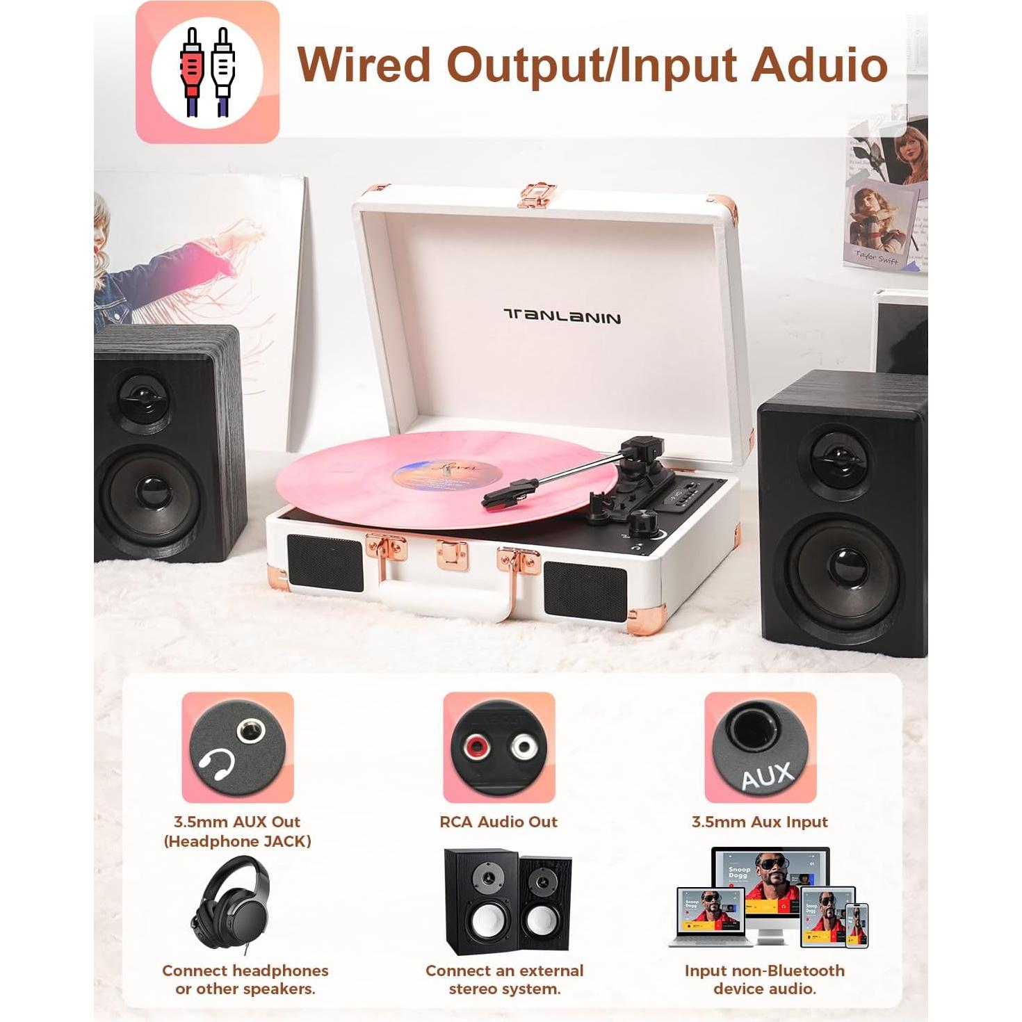 Reproductor de Vinilo Bluetooth TANLANIN TE-001WT 3 Velocidades