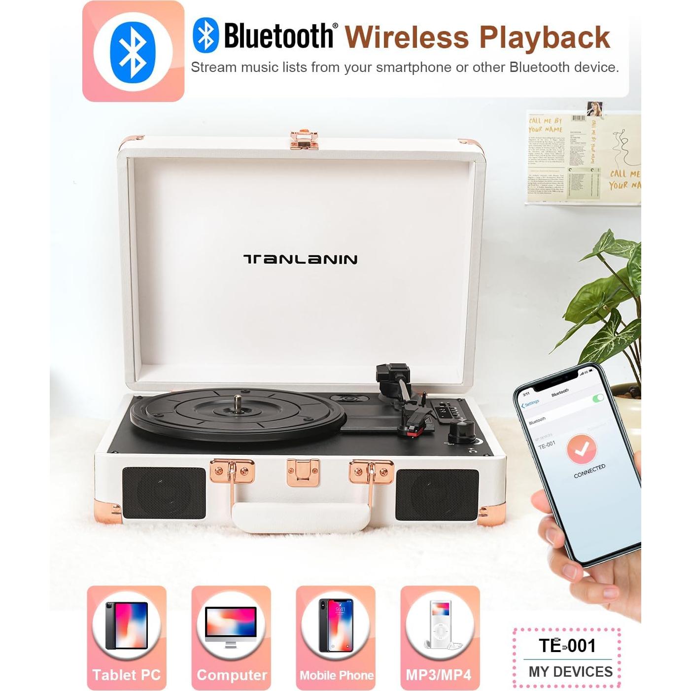 Reproductor de Vinilo Bluetooth TANLANIN TE-001WT 3 Velocidades