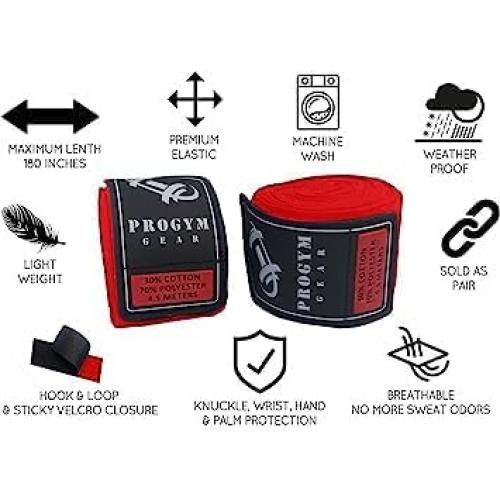 Vendajes de Mano de Boxeo ProGym Gear 4.5m Rojo Elástico