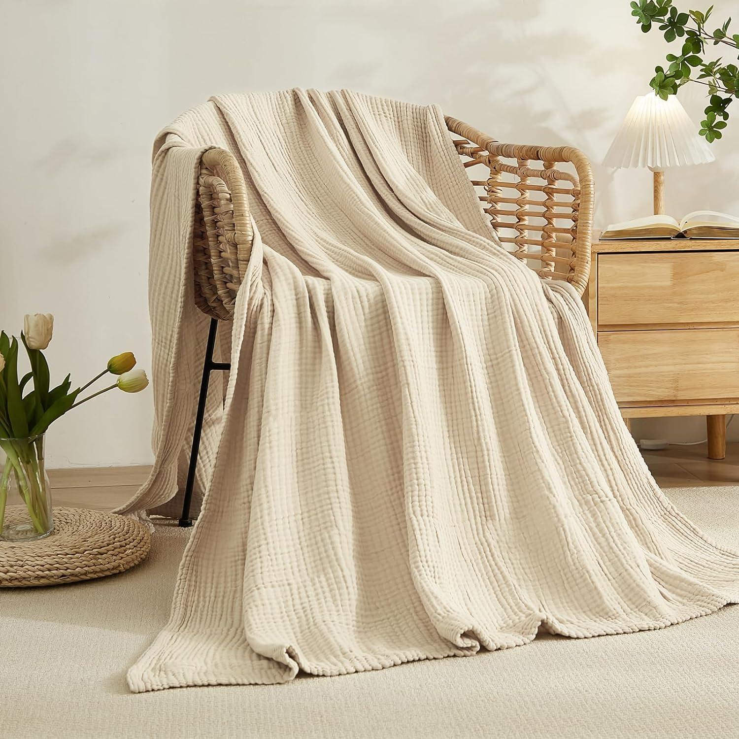 Manta de Algodón EMME Grande 127x178 cm Suave y Ligera Beige