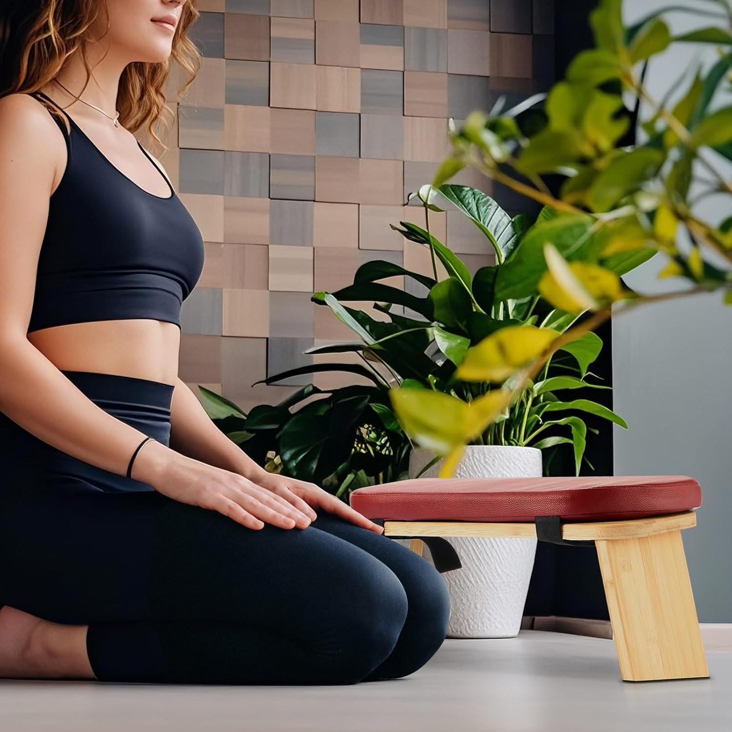 Banco de Meditación Plegable Beeveer de Bambú y Cuero 41.5x31.5 cm