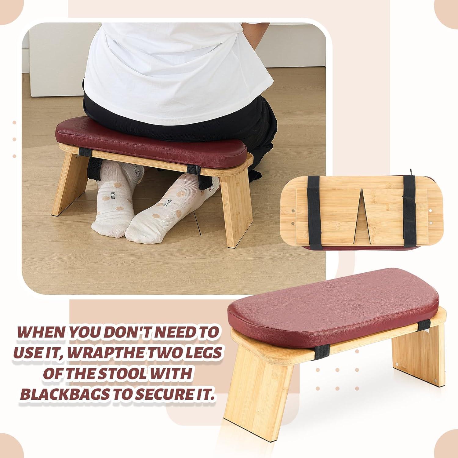 Banco de Meditación Plegable Beeveer de Bambú y Cuero 41.5x31.5 cm