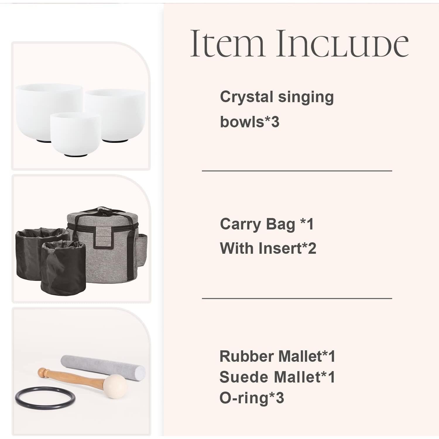 Juego de 3 Cuencos de Cuarzo CVNC 6" A, 8" F, 10" C con Bolsa