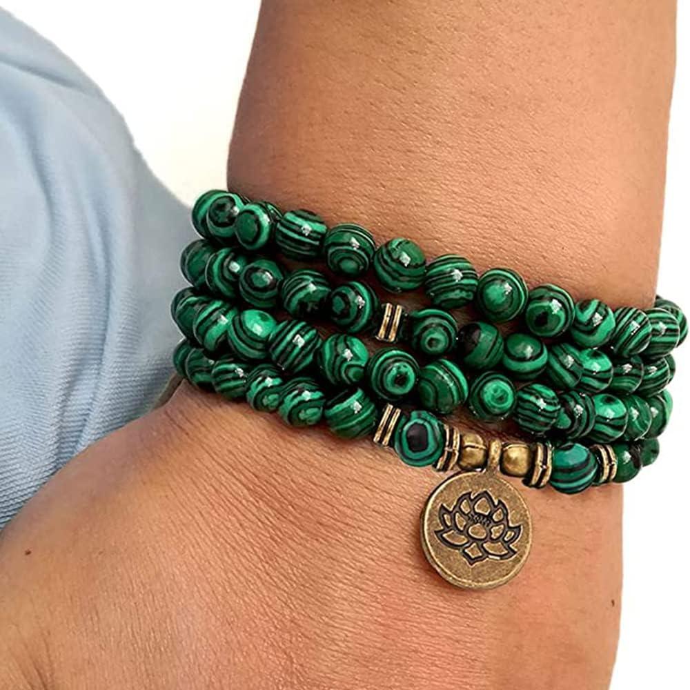 Pulsera Mala de Cuentas SJUENSXH 108 Cuentas de Malaquita Verde