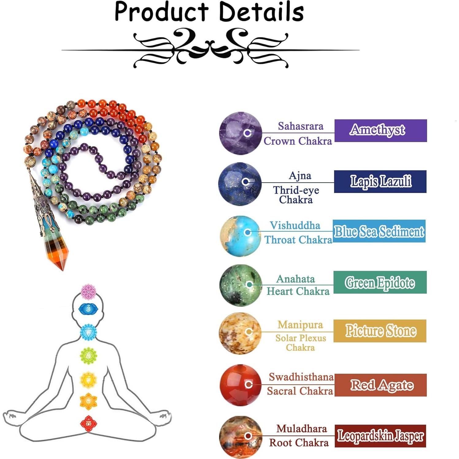 Collar de cuentas de mala 7 Chakras GEHECRST 108 piezas 71 cm