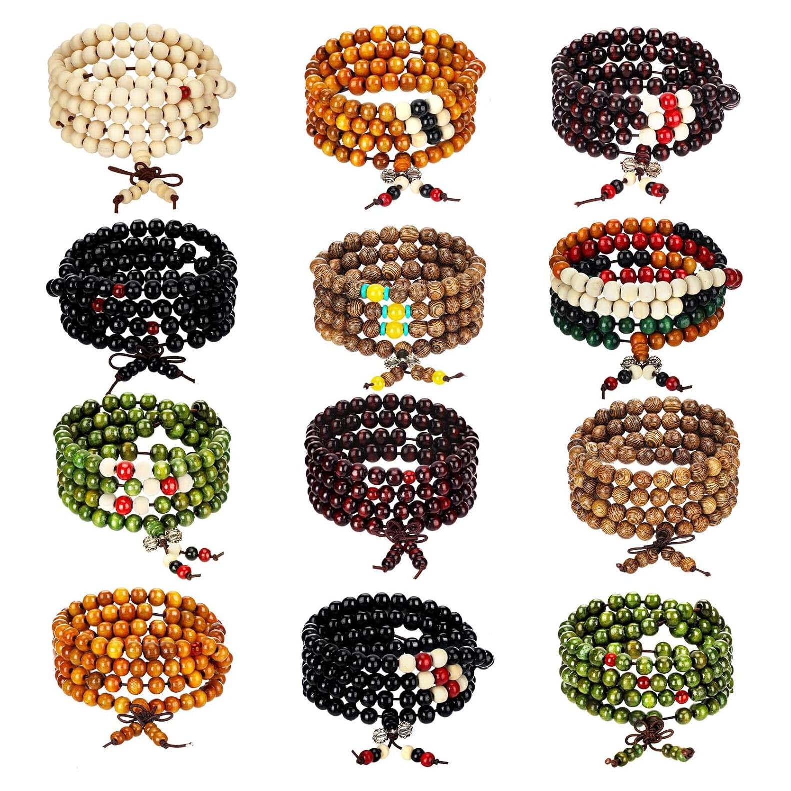 24 Pcs 108 Mala Bead 8mm Meditation Bracelet for Men Tibetan Buddha Link Retractable Wood Beaded Multilayer Sandalwood Wood Bracelets Buddhist Prayer Strand Prayer Gift for Meditation Lovers