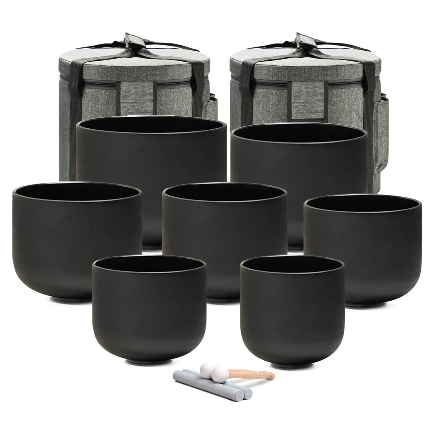 Juego de 7 Cuencos de Cuarzo Negro 432Hz 15-30 cm con Fundas y Martillos