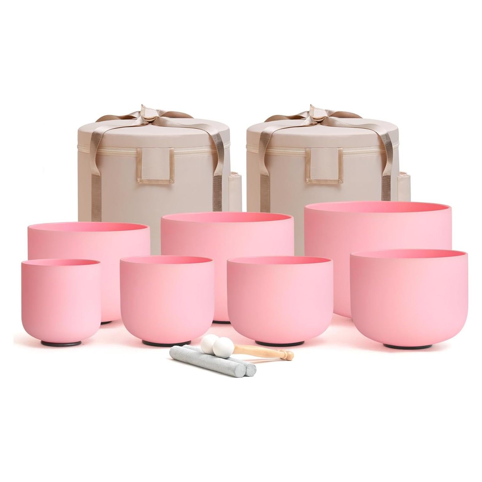 Conjunto 7 Cuencos de Canto Cristal Cuarzo Rosa 432HZ 15-30cm