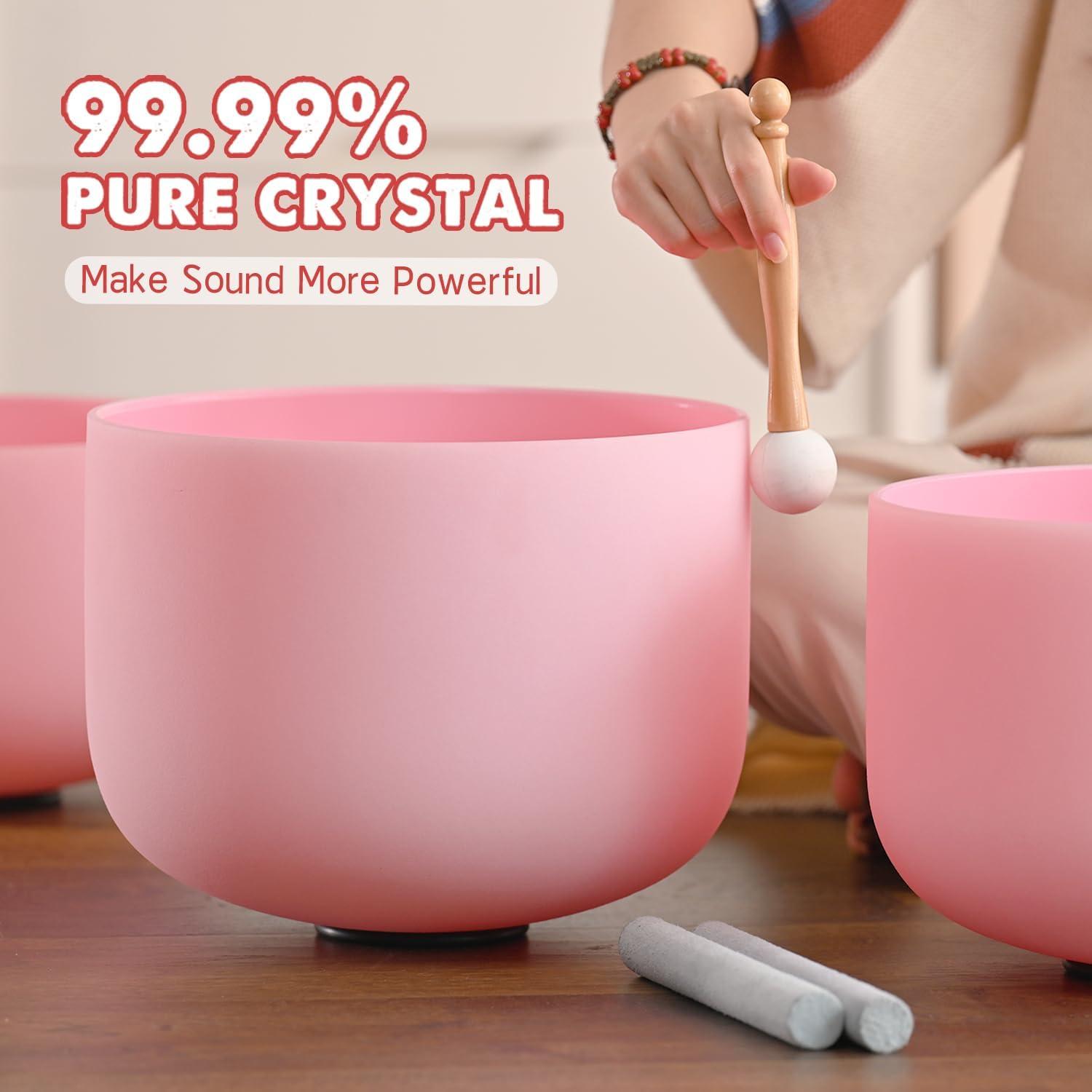 Conjunto 7 Cuencos de Canto Cristal Cuarzo Rosa 432HZ 15-30cm