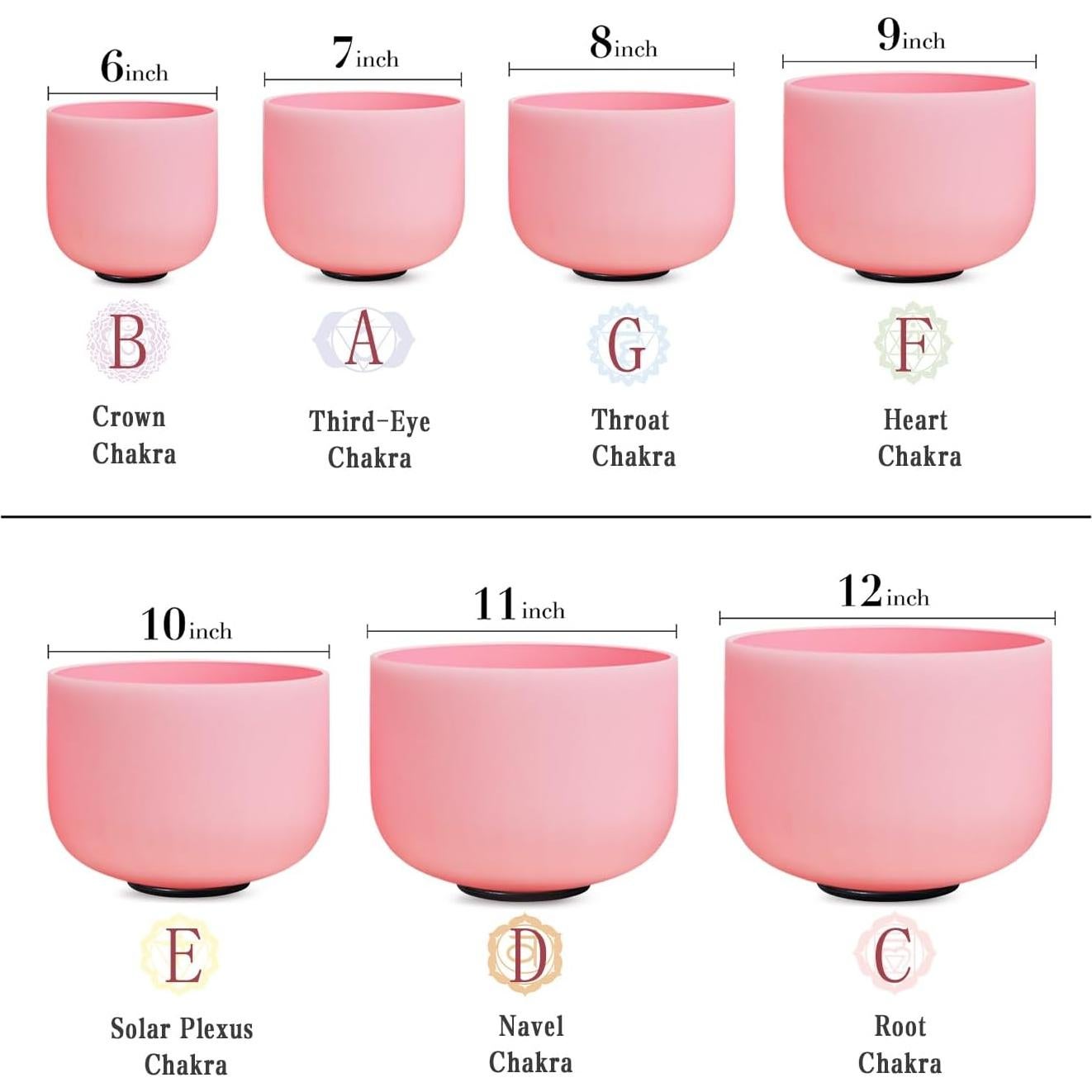 Conjunto 7 Cuencos de Canto Cristal Cuarzo Rosa 432HZ 15-30cm