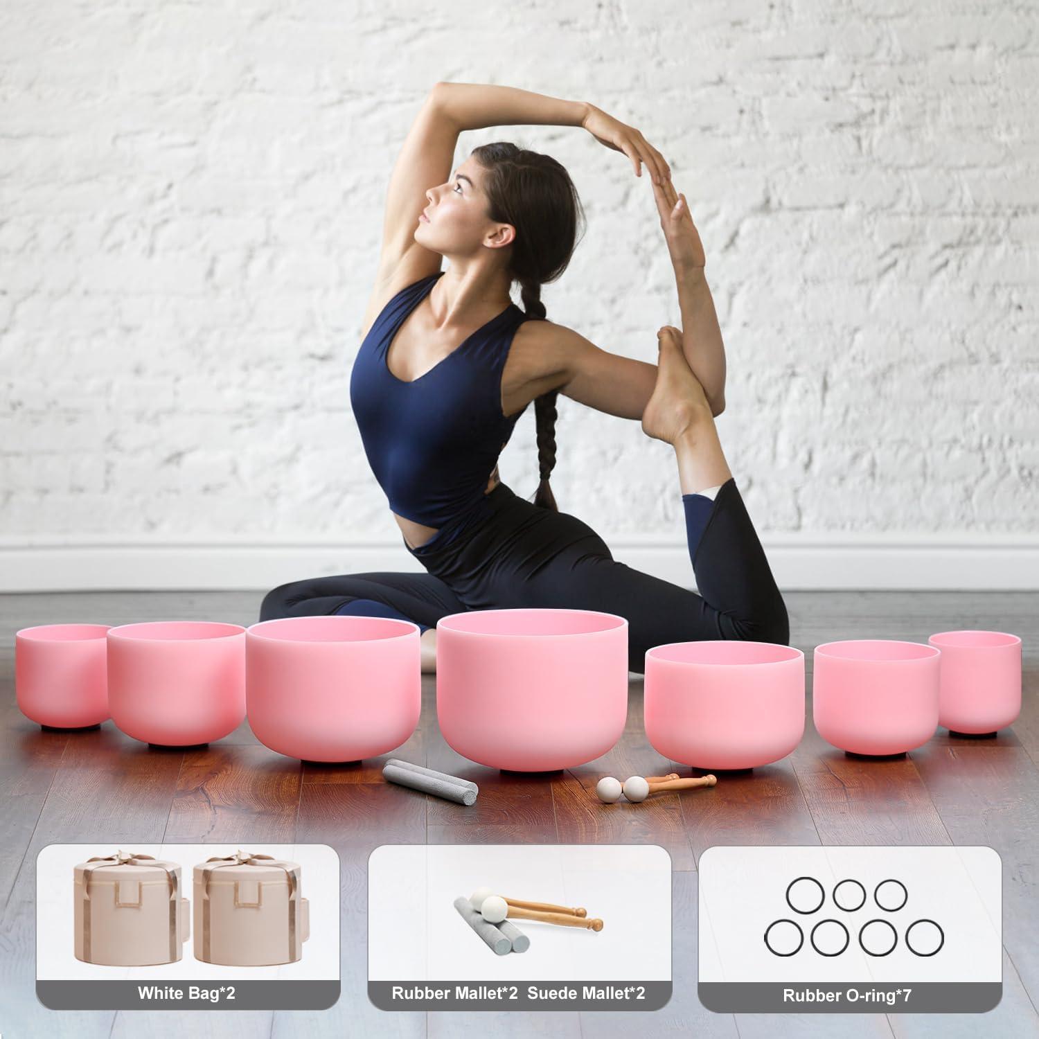 Conjunto 7 Cuencos de Canto Cristal Cuarzo Rosa 432HZ 15-30cm