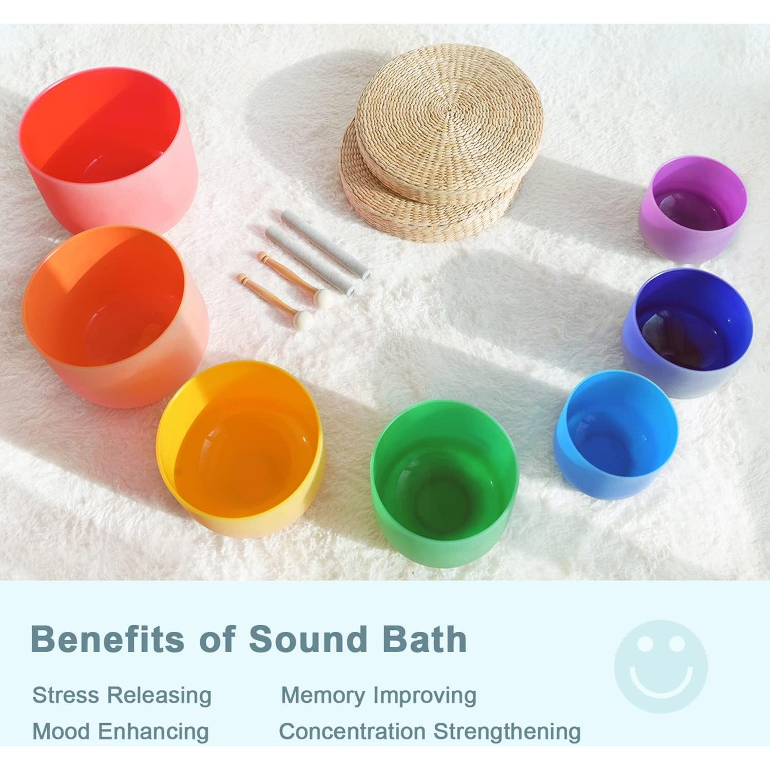 Conjunto de 7 cuencos de canto de cristal 432HZ 15-30 cm con accesorios