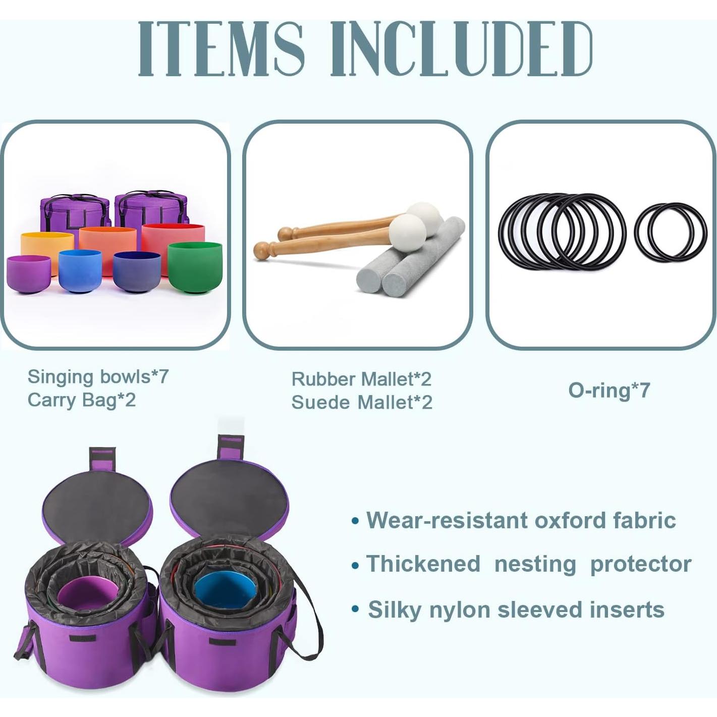 Conjunto de 7 cuencos de canto de cristal 432HZ 15-30 cm con accesorios