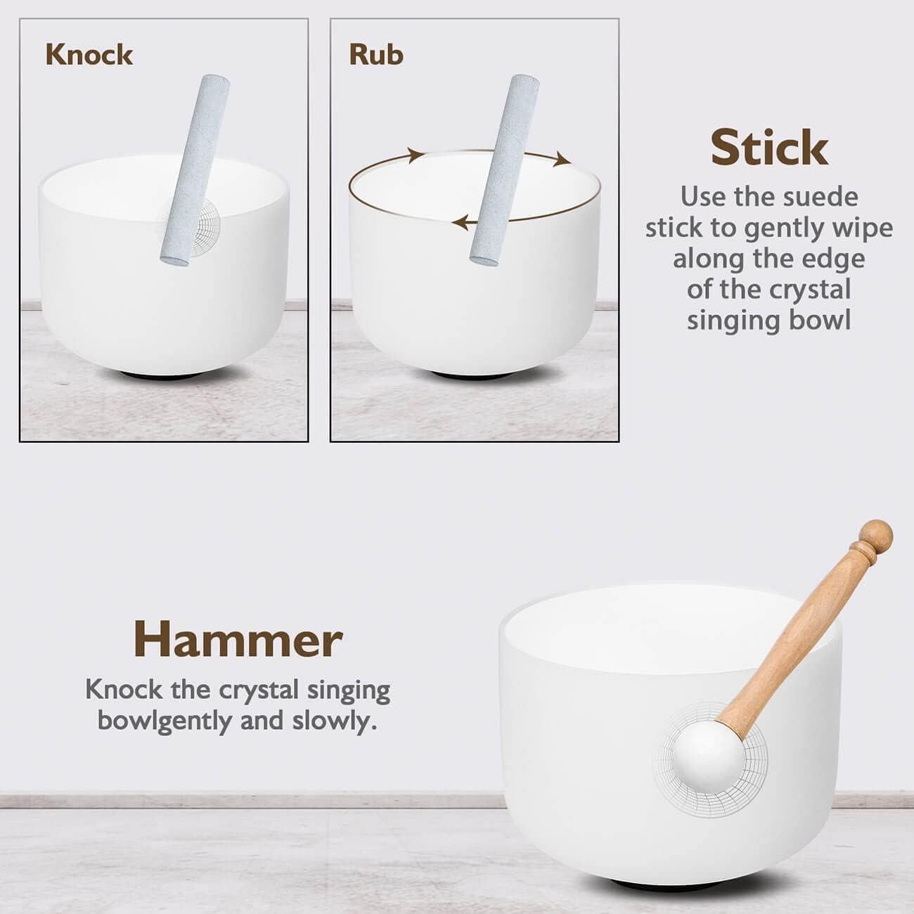Tazón de Canto de Cristal 20 cm F Blanco 432Hz con Martillo y Funda