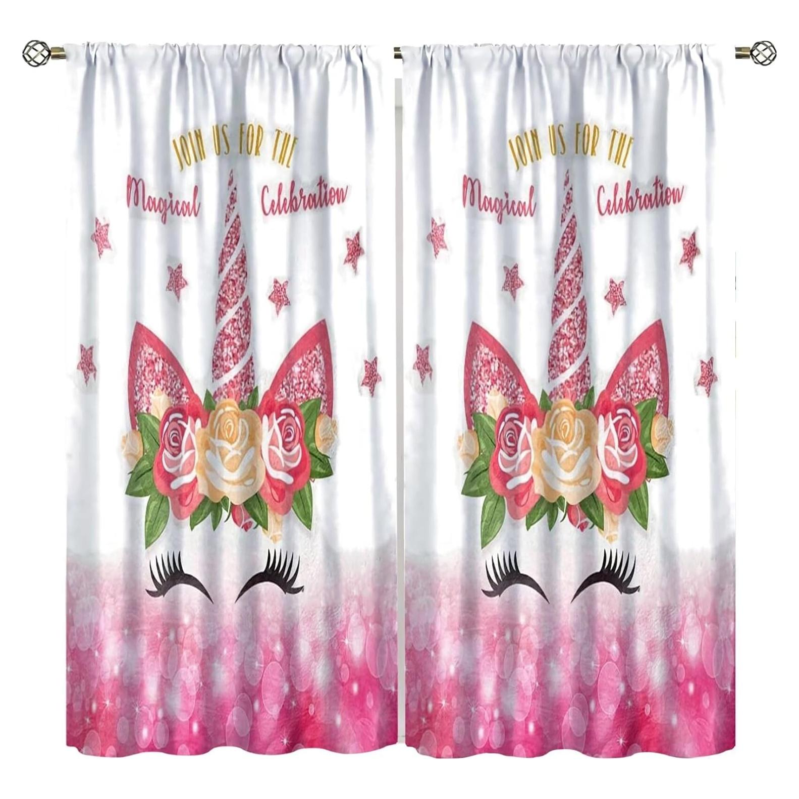 Cortinas de Unicornio SXXLDNG 2 Paneles Floral 53x114 cm
