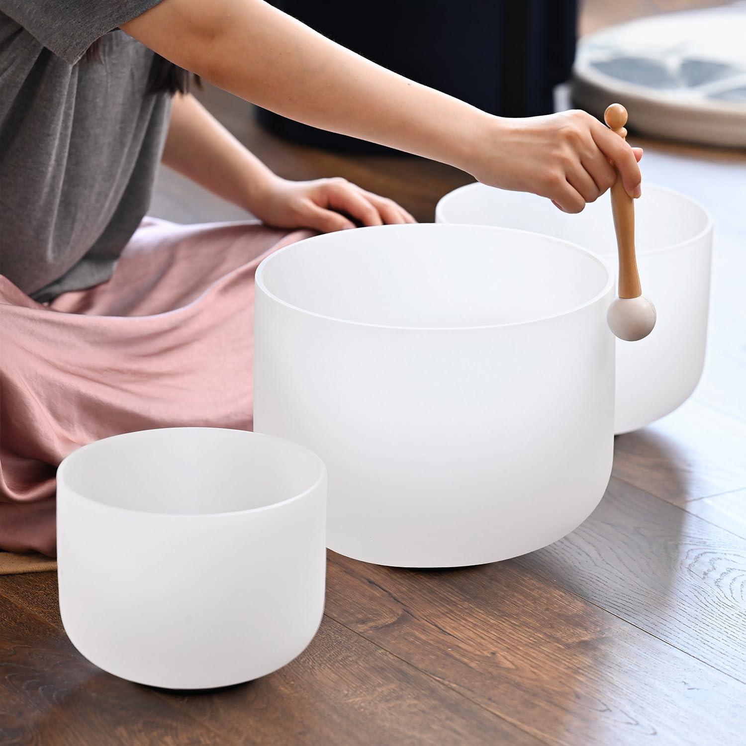 Juego de 3 Cuencos de Canto de Cristal 440HZ 20-30 cm con Mazo