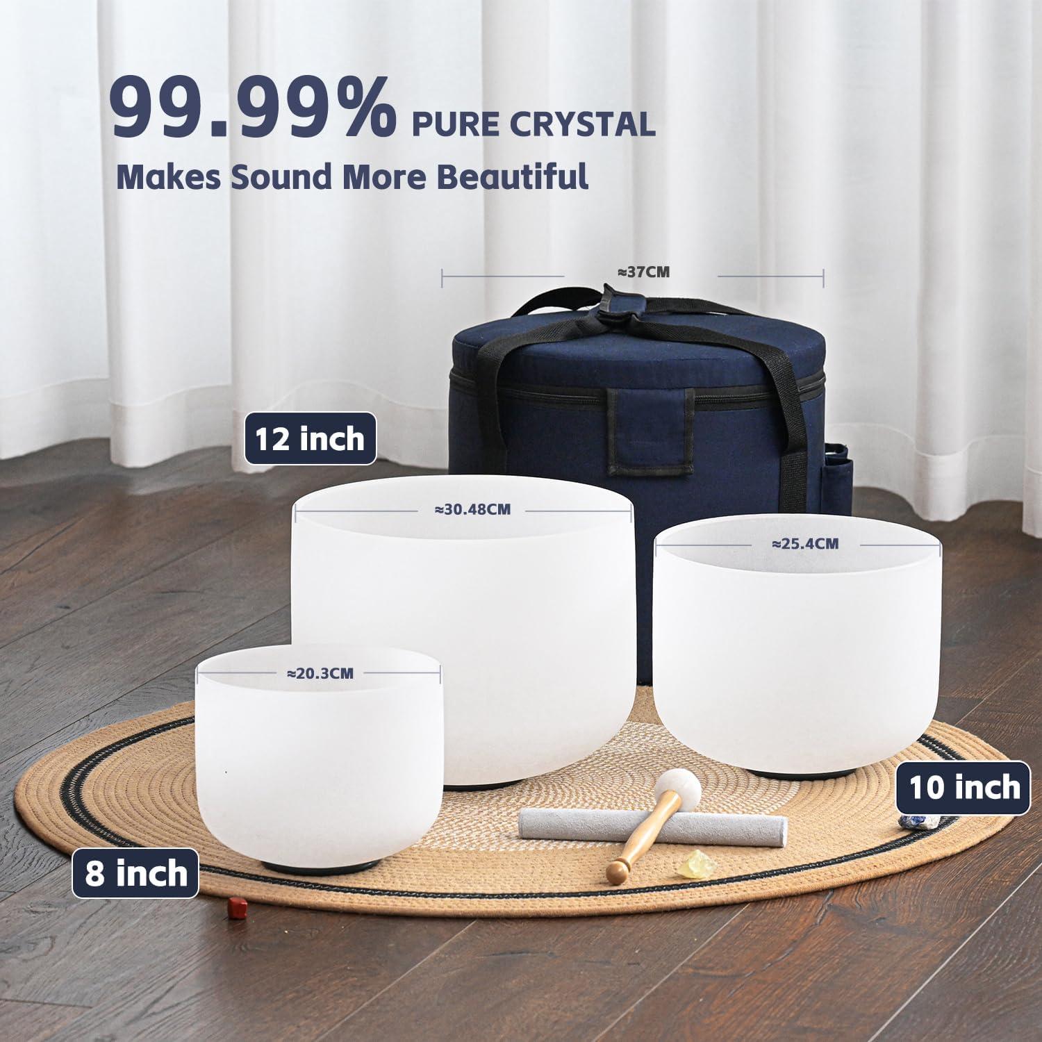 Juego de 3 Cuencos de Canto de Cristal 440HZ 20-30 cm con Mazo