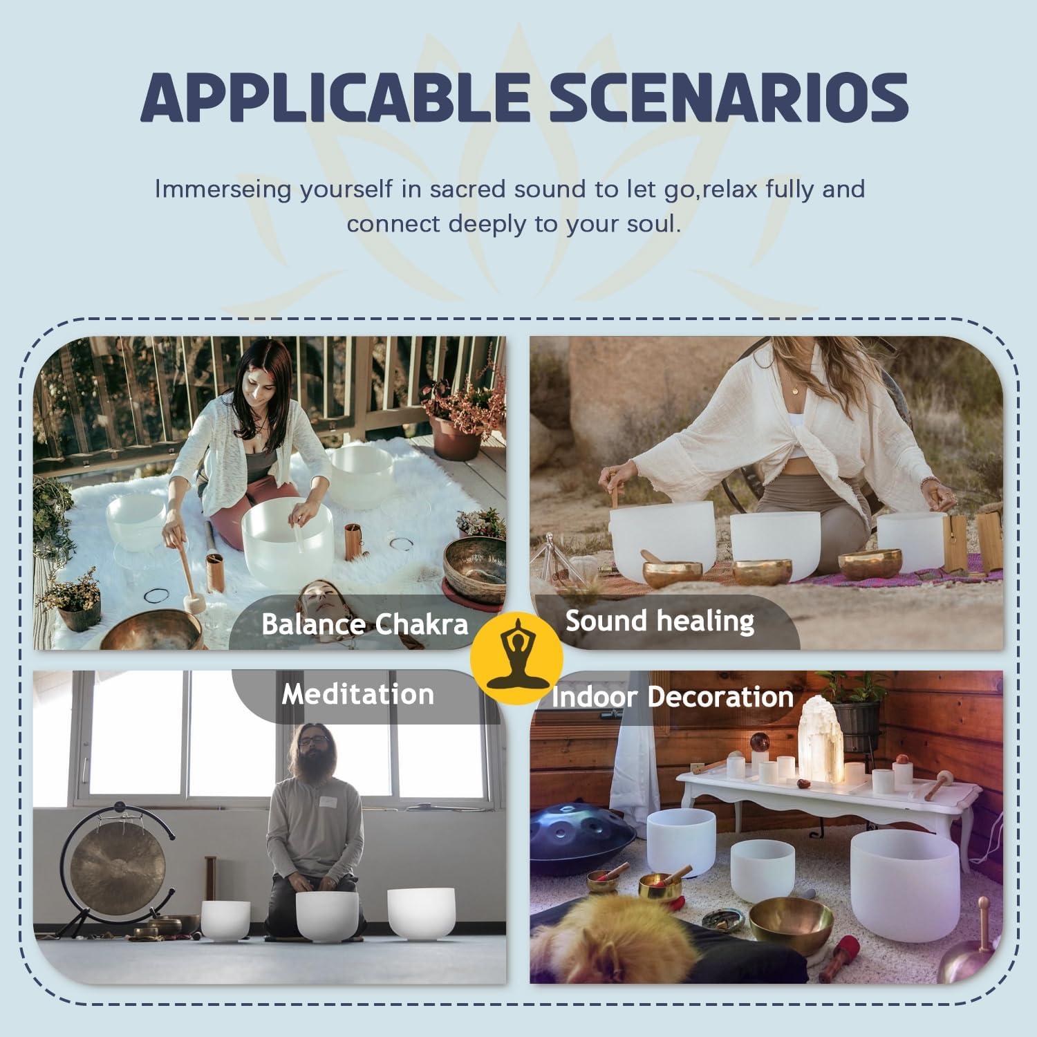 Juego de 3 Cuencos de Canto de Cristal 440HZ 20-30 cm con Mazo